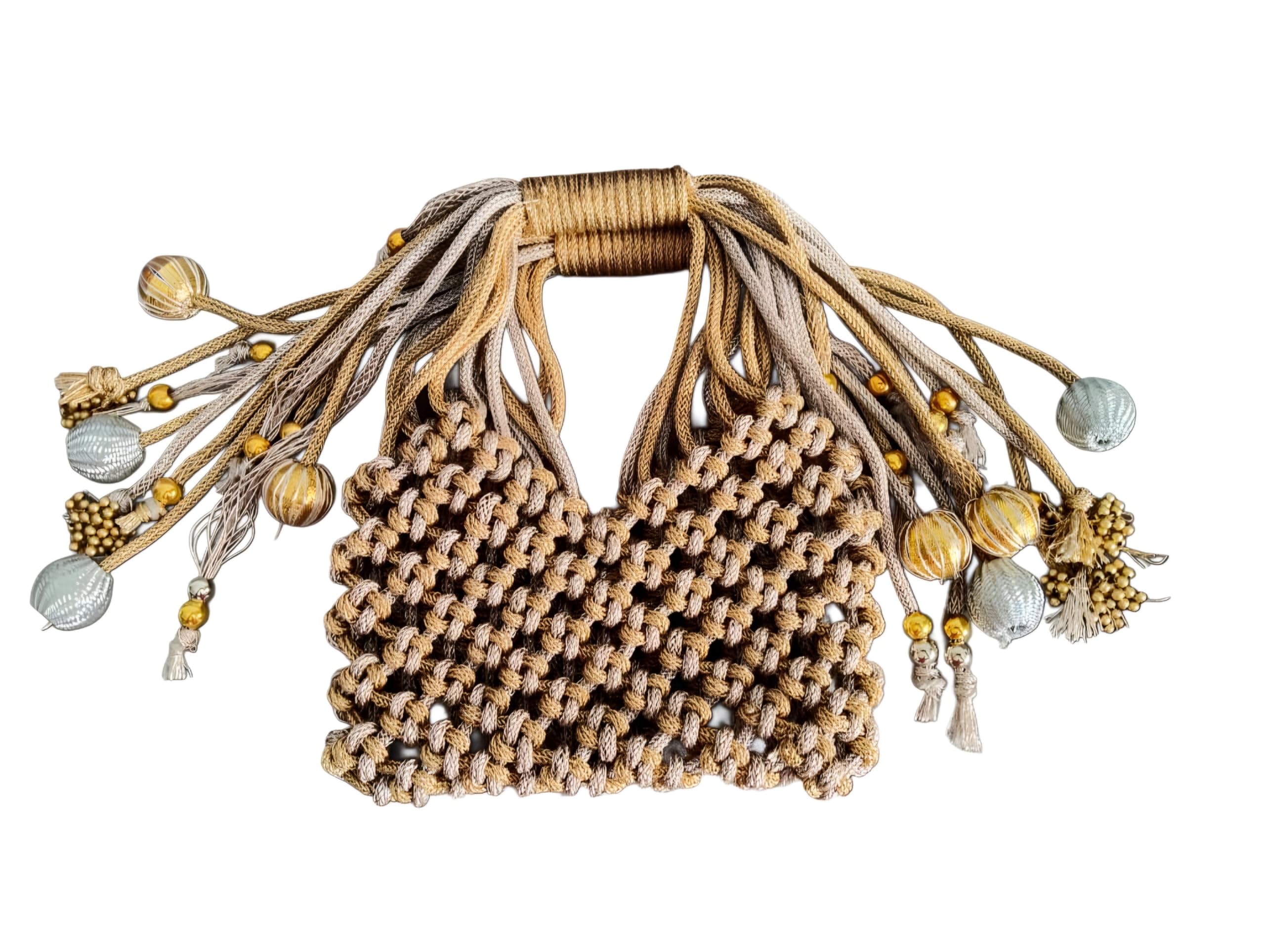 Handmade Macrame Potli Bag for Women | Bridal Wedding Clutch Purse | Ethnic Designer Handbag with Tassels | Traditional Bag for Wedding, Festive & Functions (Gold Beige)-image-30