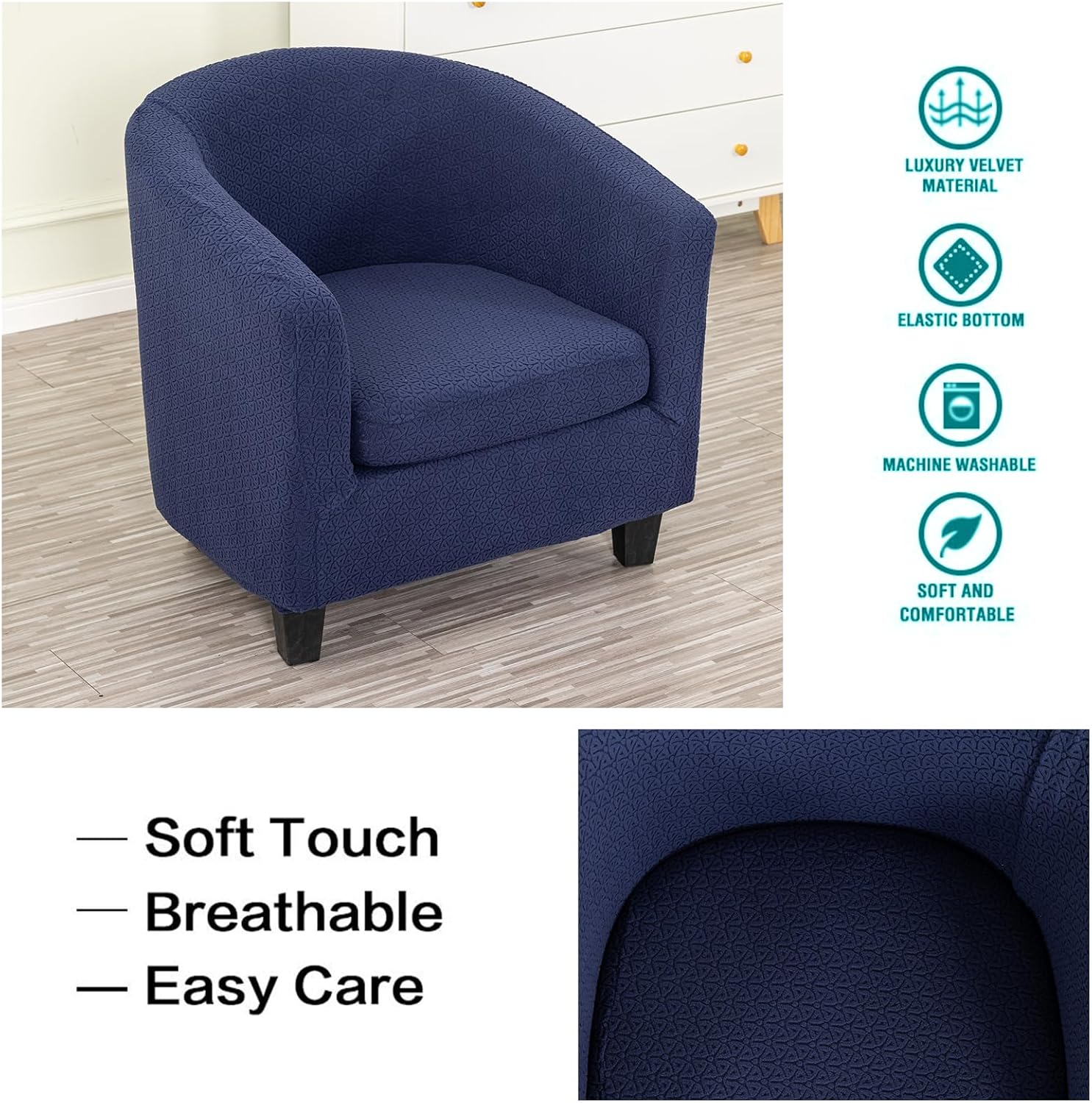 NILUOH Stretch Club Chair Slipcover 2-Piece Set for Barrel & Tub Chairs, Soft Armchair Cover - Removable Washable Furniture Protector, Living Room Armchair Cover,Dark Blue