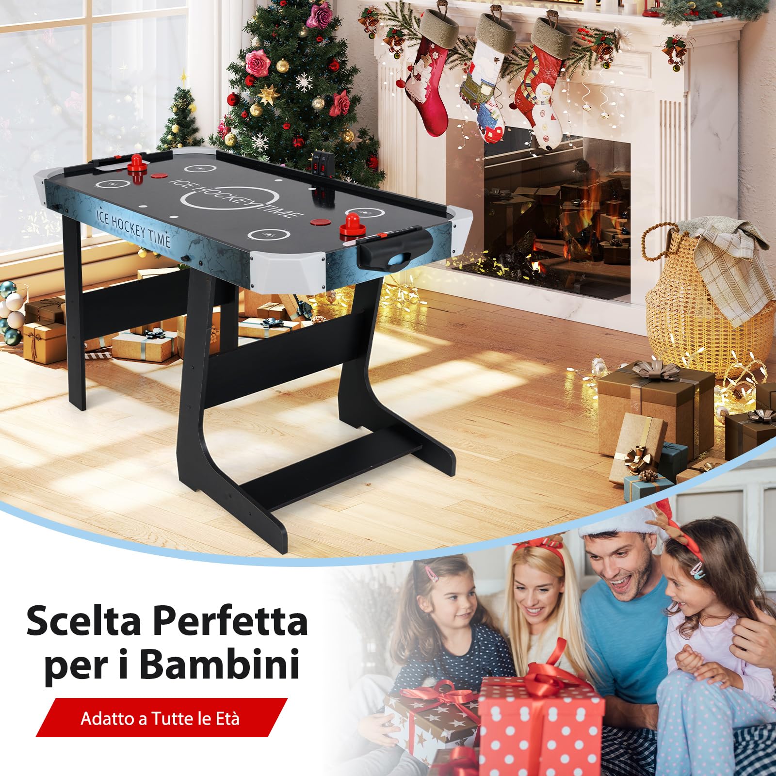 COSTWAY Tavolo da Air Hockey, Hockey da Tavolo Pieghevole con Potente Motore 12V e Tabellone Digitale a LED, 2 Spingitori e 2 Dischi, per Casa Sala Giochi e Ufficio, 144 x 68 x 79 cm