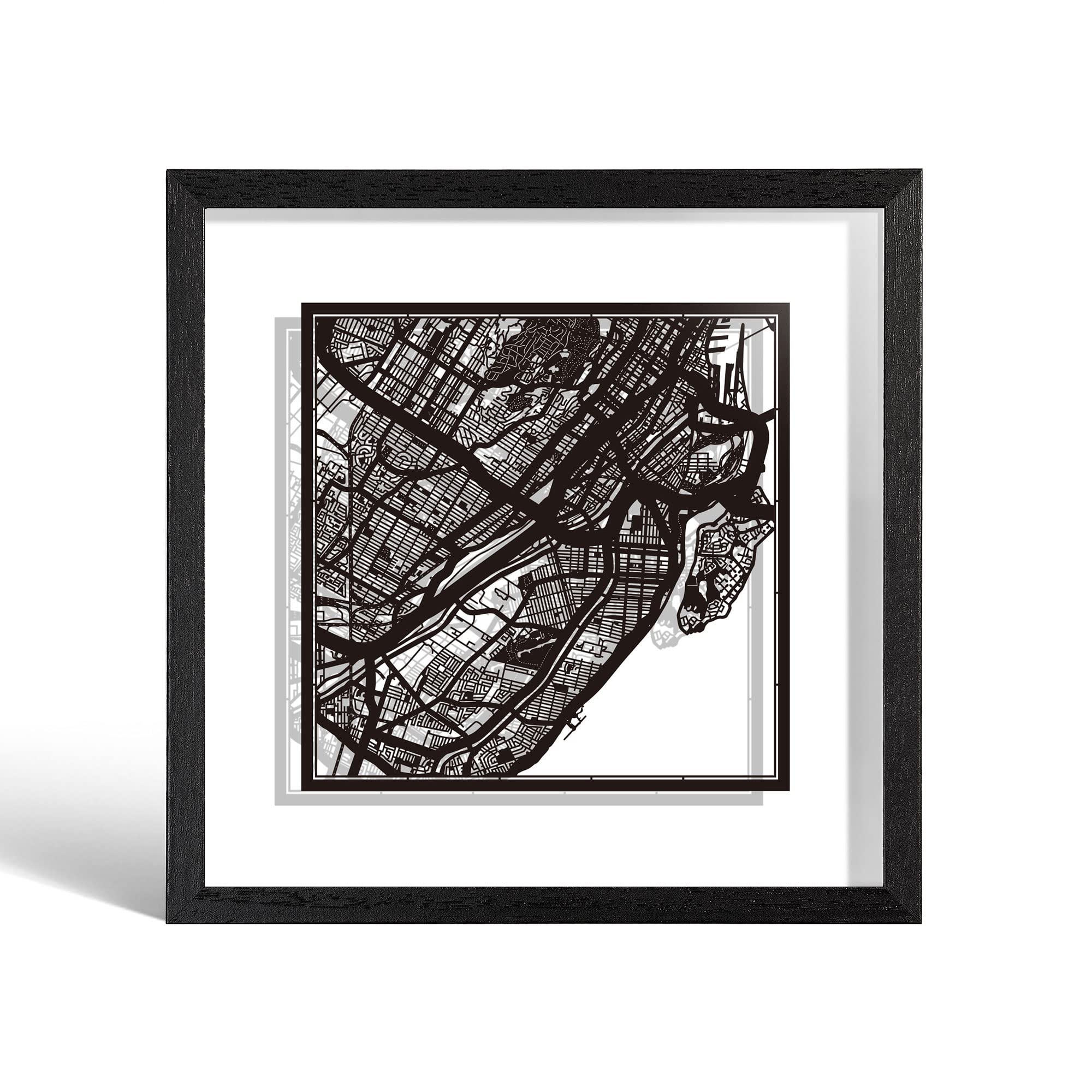 O3 DESIGN STUDIO Montreal Paper Cut Map framed, Black map, Black frame, 9x9 inches, Gift Boxed, 2 background color, self-changing, Paper Art