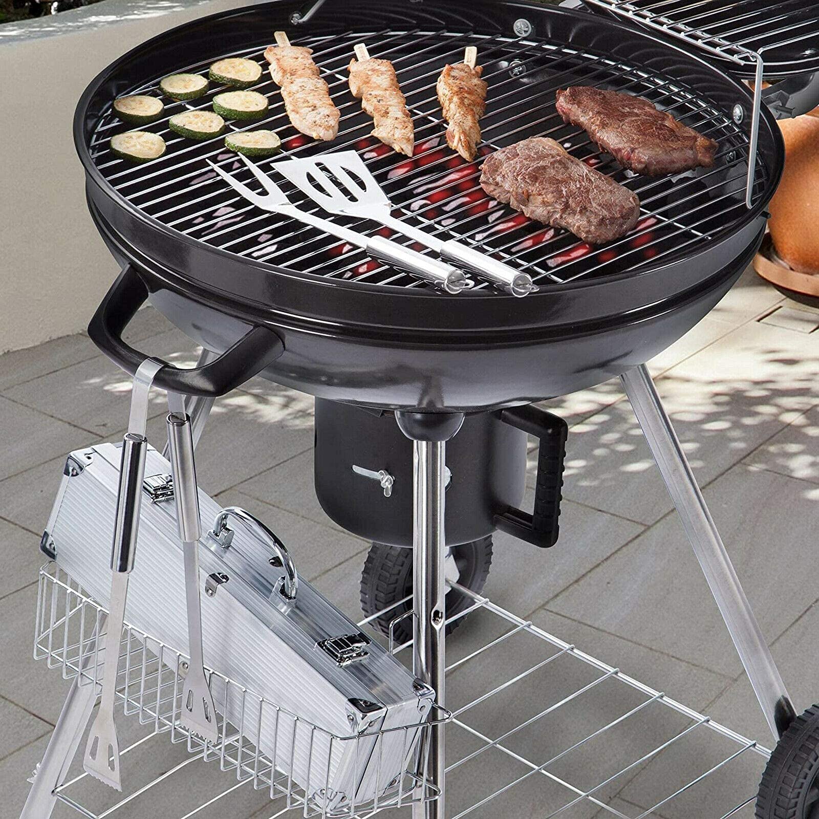 Juego de herramientas para barbacoa de acero inoxidable resistente, 3 piezas, juego de pinzas para barbacoa (espátula, tenedor, pinza) con estuche de almacenamiento portátil duradero, utensilios princ