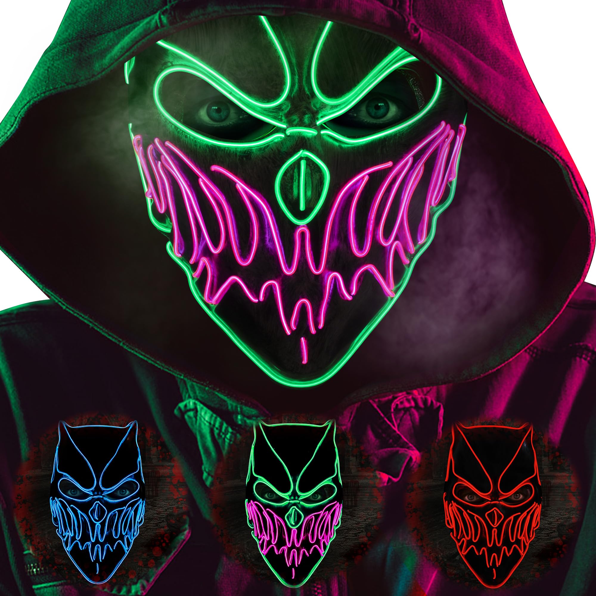 ILEBYGOLED Purge Mask Halloween Light Up Mask Scary Mask with EL Wire 3 Flashing-Modes for Halloween Festival, Party, Cos Play (Green & Pink)