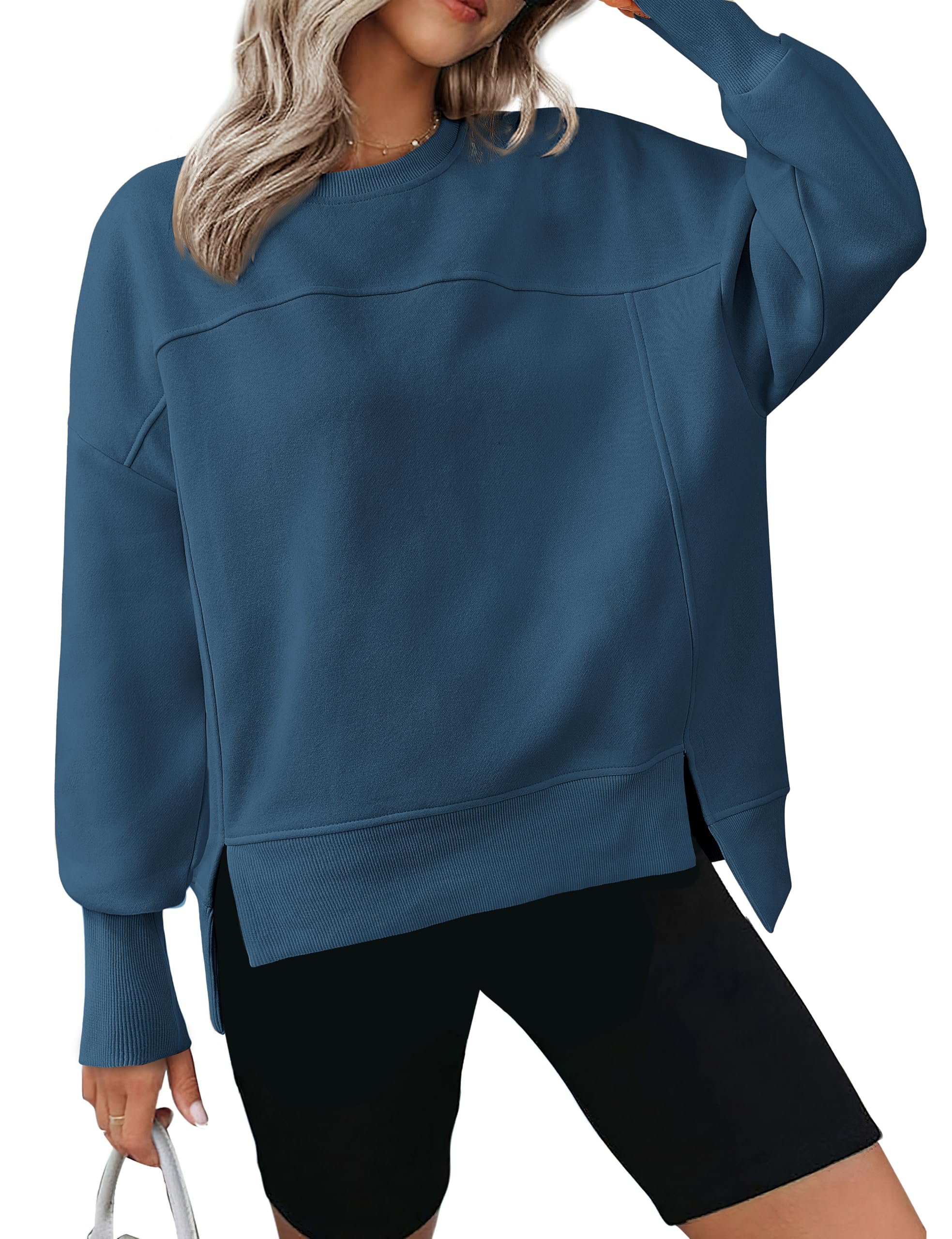 BTFBM Women's Casual Crewneck Sweatshirts Long Sleeve Side Slit Workout Fleece Pullover Top 2026 Fall Fashion Clothing