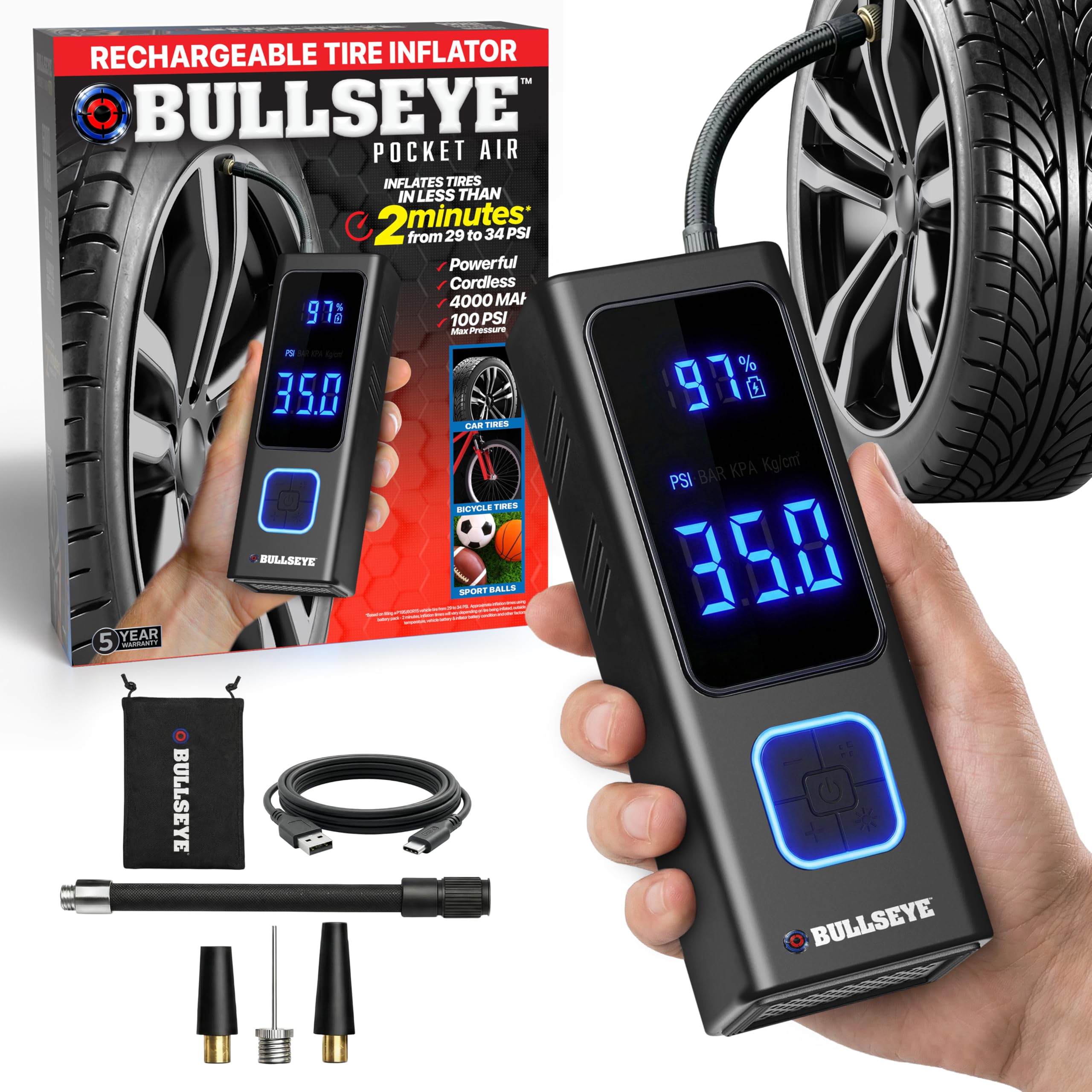 BULLSEYE Pocket Air 充電式タイヤインフレーター Amazon.com: POCKET AIR Tire Inflator Portable Air Compressor by