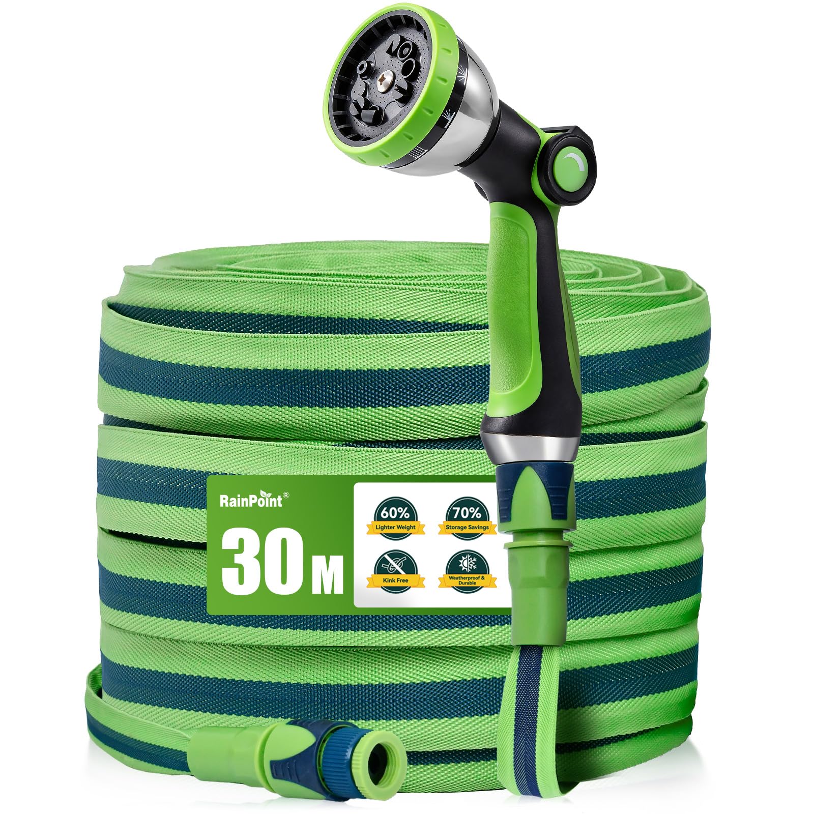 RAINPOINT Gartenschlauch Flexibel 30m, Leichtgewicht-Wasserschlauch mit TPE-Innenschlauch, 800D Oxford-Gewebe, 30 Bar Berstdruck, Knickfrei, 10-Funktionen Gartenbrause, 1/2