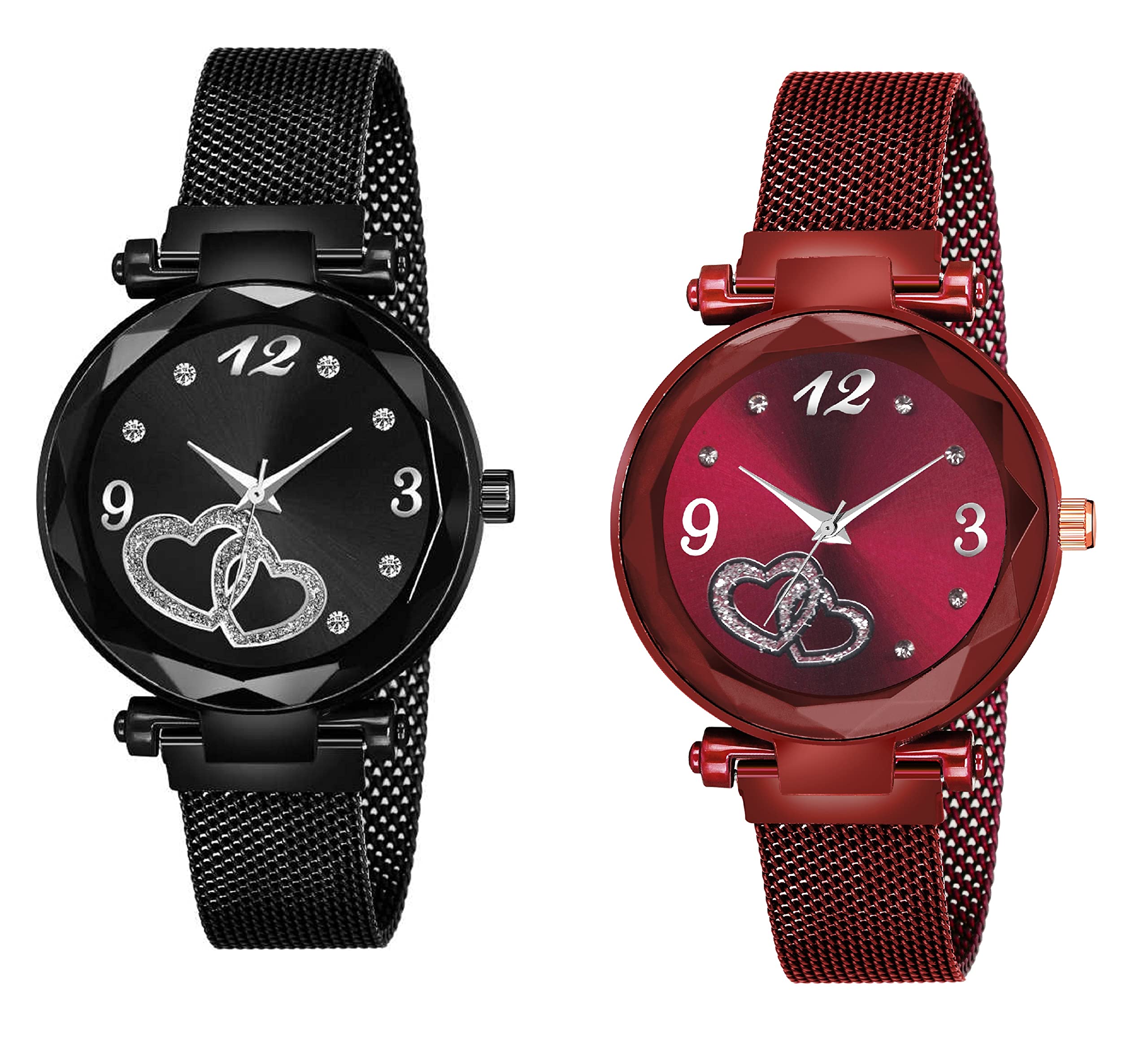 KIROH Casual Analogue Heart Dial Magnetic Strap Analog Watch for Girls and Women (,Pack of 2) (Black-Red) (B09SHL32VP) Amazon Price History, Amazon Price Tracker