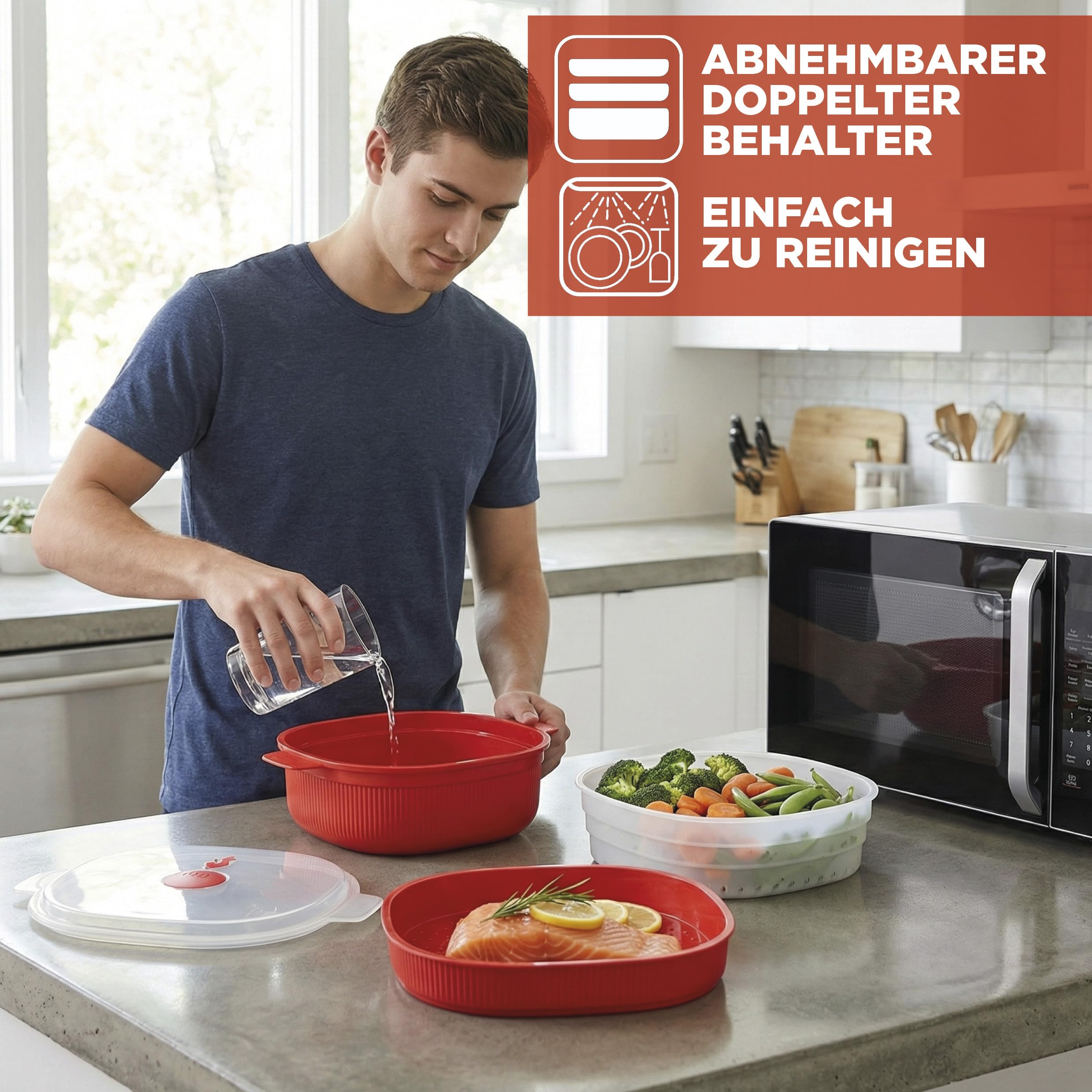 Snips - Dampfgarer für Mikrowelle Rot 4L, Microwave Mikrowellenschüssel mit 2 Tabletts - Mikrowellenbehälter Spülmaschinenfest Energiesparend und Schnelle Zubereitung, 26.5x22x13.5 cm, Made in Italy