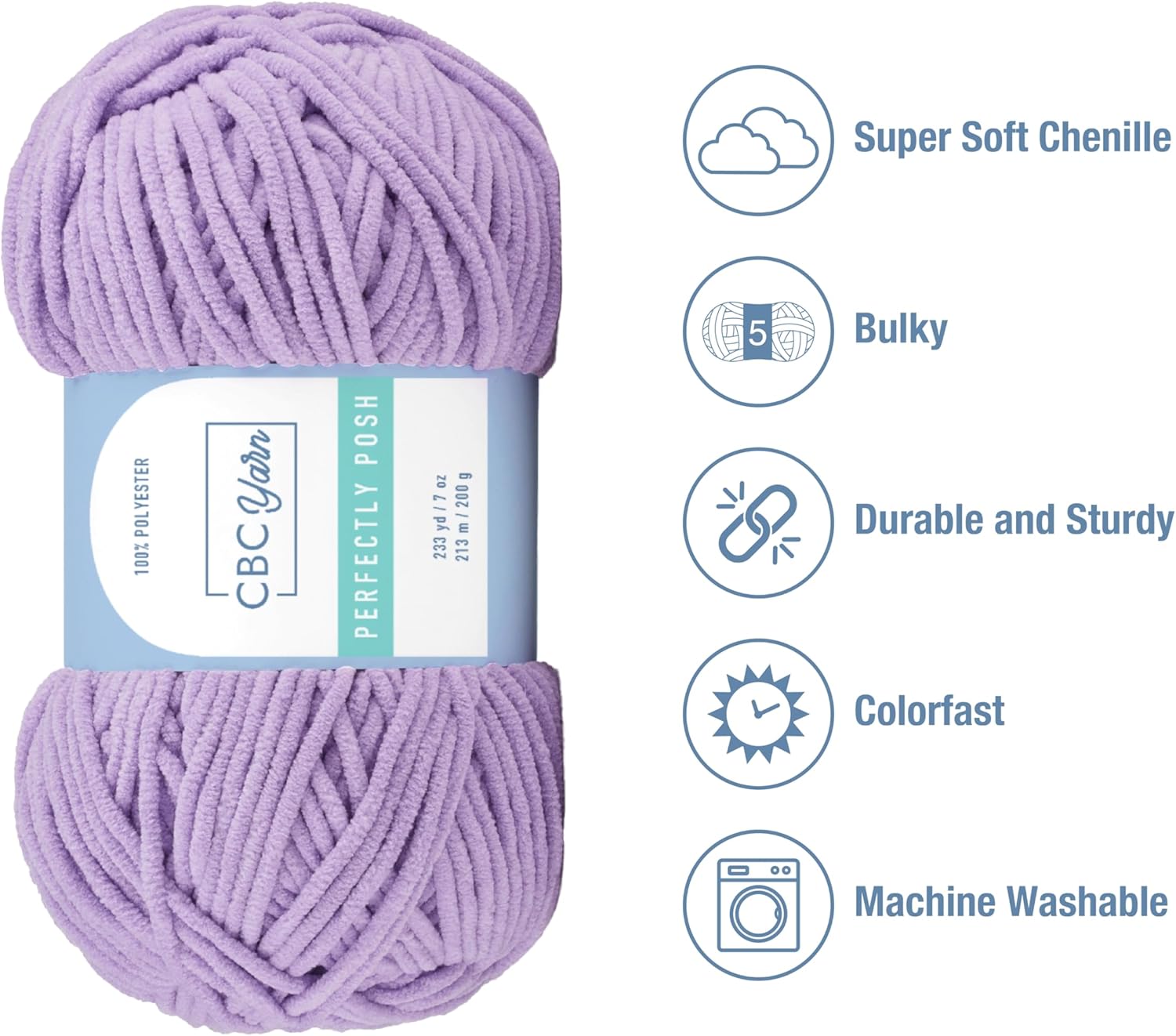 CBC Perfectly Posh Chenille Yarn for Knitting, Crocheting and Amigurumi - 2 Pack (7 oz / 200g, 233 Yards Each Skein), Lavender, Gauge 5 Bulky