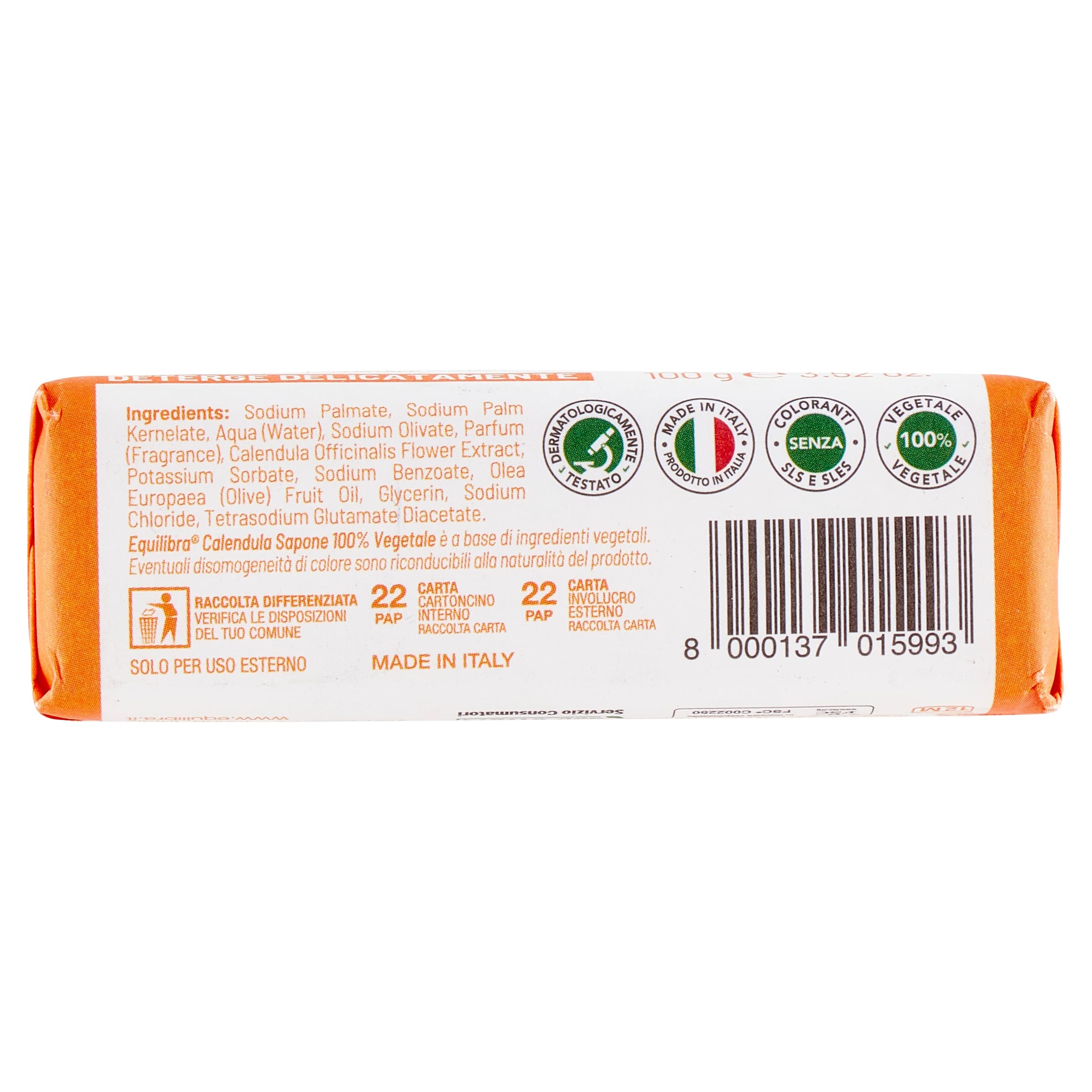 equilibra Calendula Sapone 100% Vegetale, Funzione Anti Arrossamento, 100g, Pacco da 12