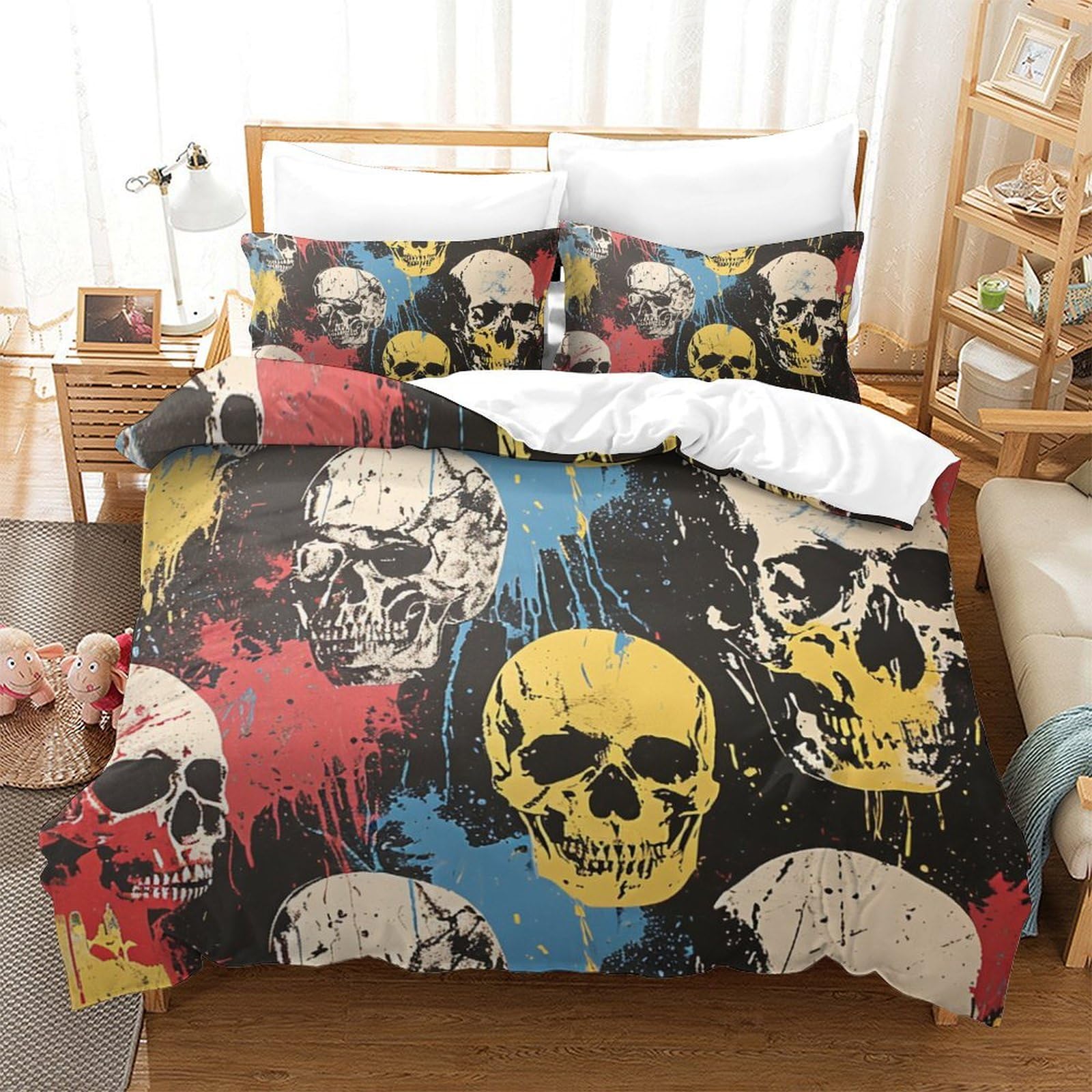 Literie crâne 3D en microfibre respirante 3 pièces 260x220cm avec taies d'oreiller