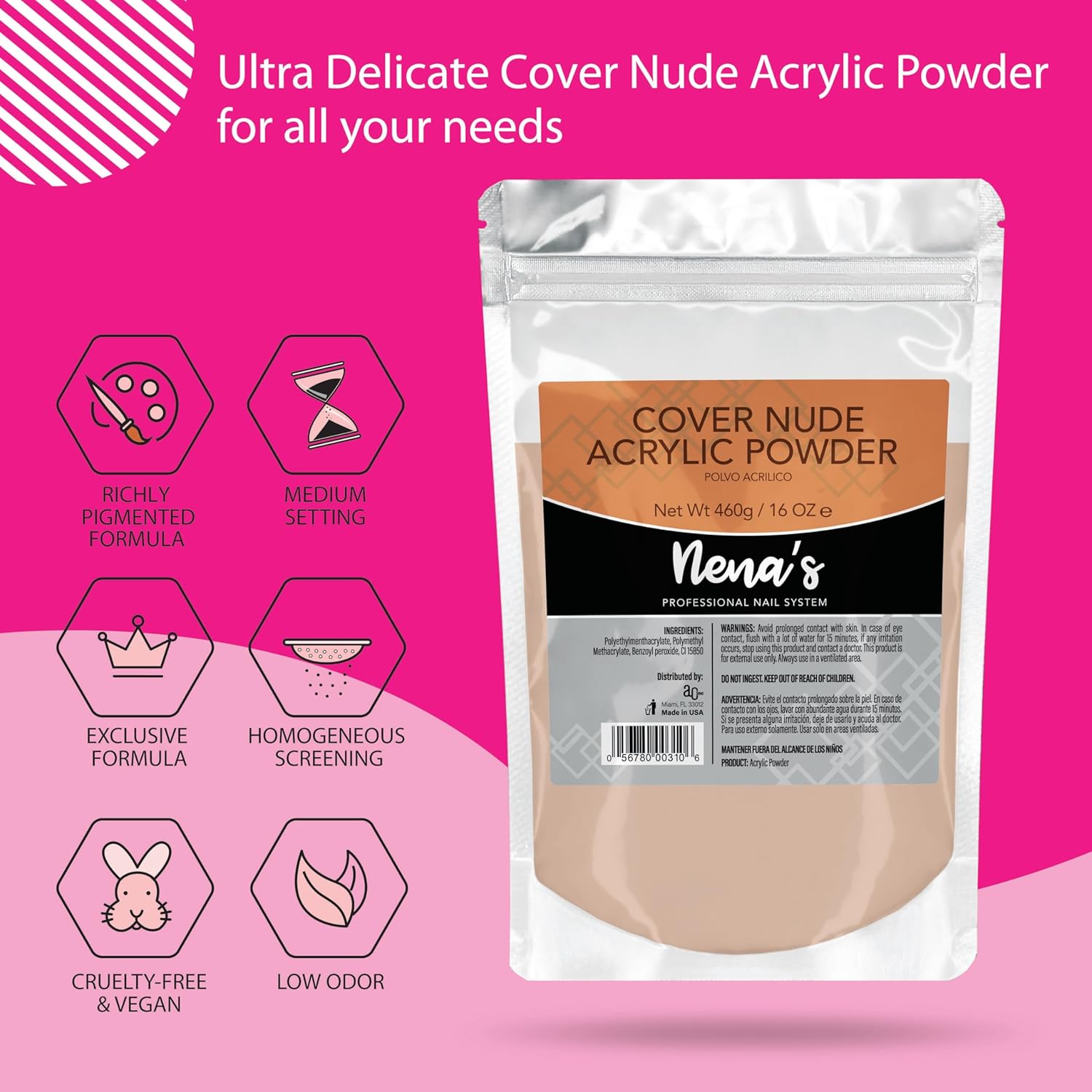 Nena's 16oz Acrylic Liquid monomer + 16oz Clear Acrylic Powder Made in USA Clear Pink (Cover Nude)