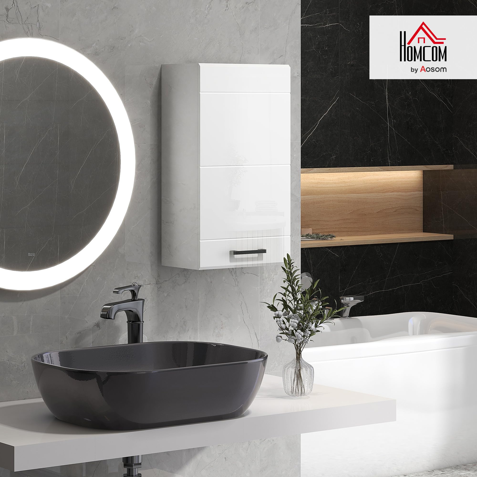 kleankin Armoire Murale de Salle de Bain, Placard de Rangement Toilette 3 Niveaux, étagère réglable, 1 Porte, Moderne, Armoire Suspendue, 37 x 22,5 x 70 cm, Blanc Haut Brillant