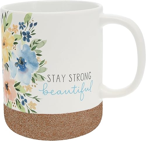 Pavilion Gift Company Stay Strong Beautiful - Taza de cerámica de 16 onzas con fondo glaseado de arena, floral, taza de café de mango grande, regalo