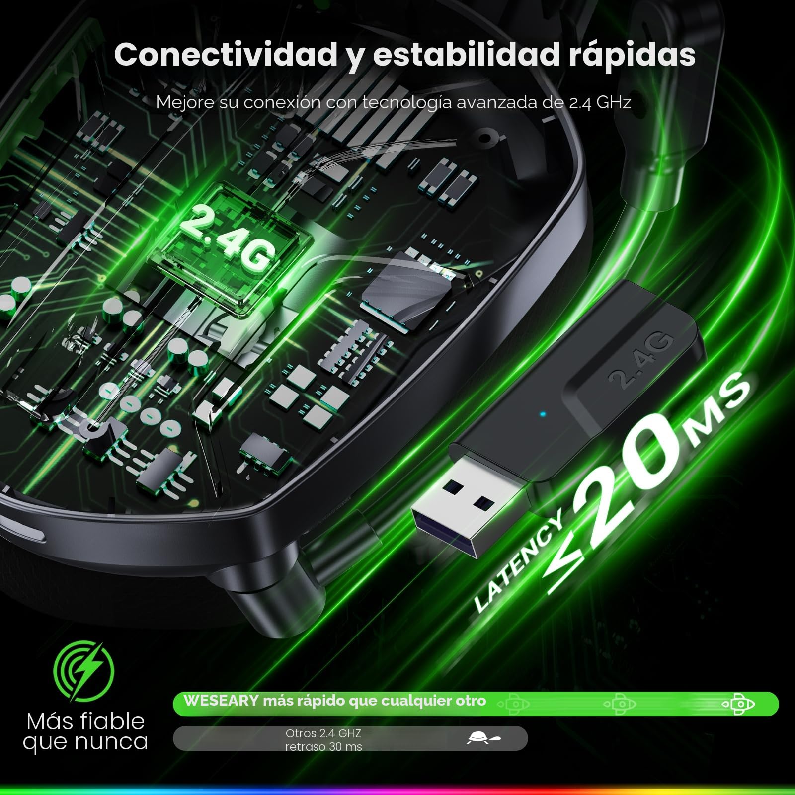 WESEARY WG1 Cascos Gaming Inalambricos, Auriculares Gaming Inalambricos para PS5, PS4, PC, Switch, Sonido Estéreo Auriculares Gaming con Microfono, Cascos con Luz LED, Duración 50Hr+