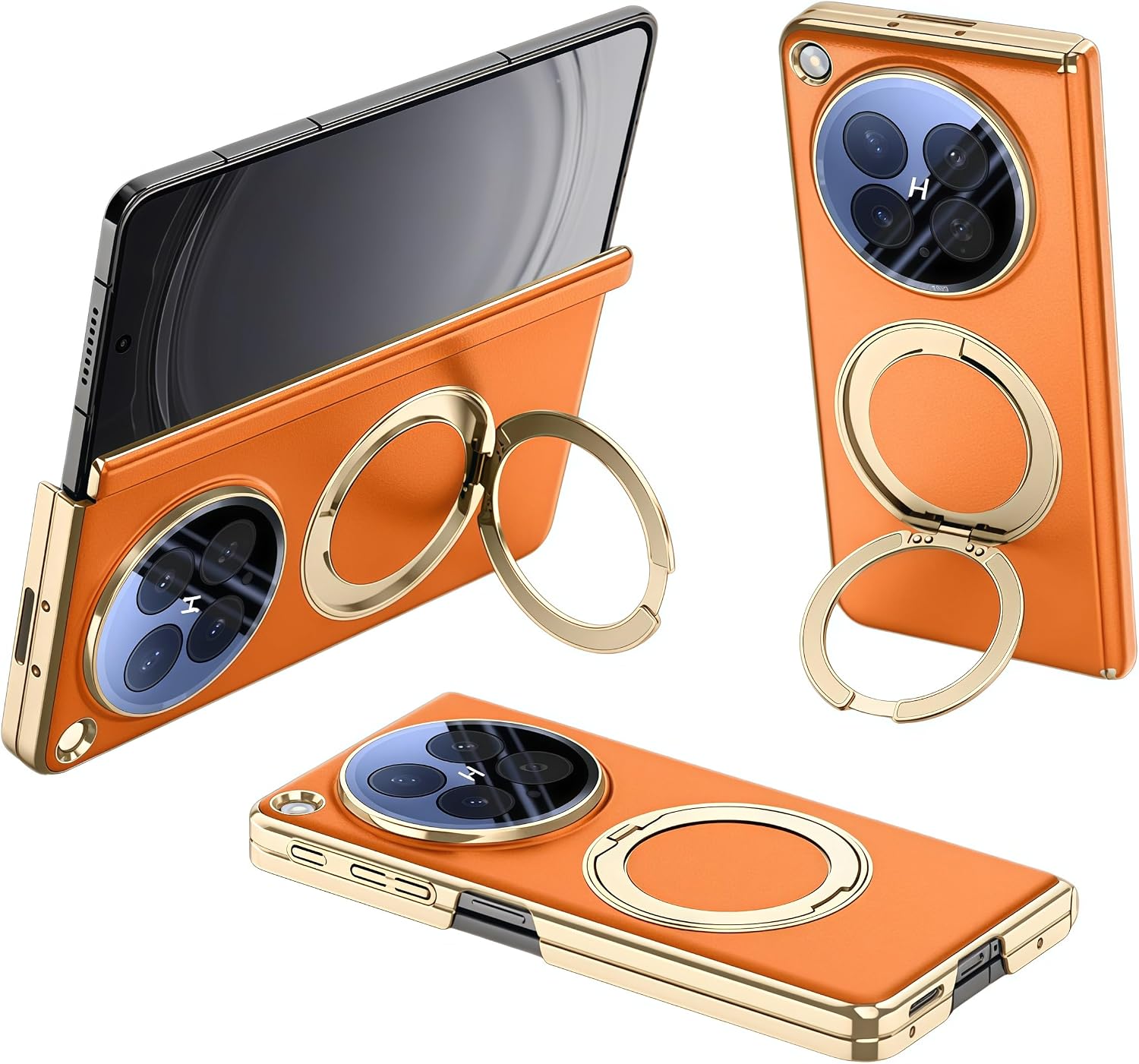 Coque Oppo Find N6 en Cuir - Protection Chocs & Support Rotatif - Orange