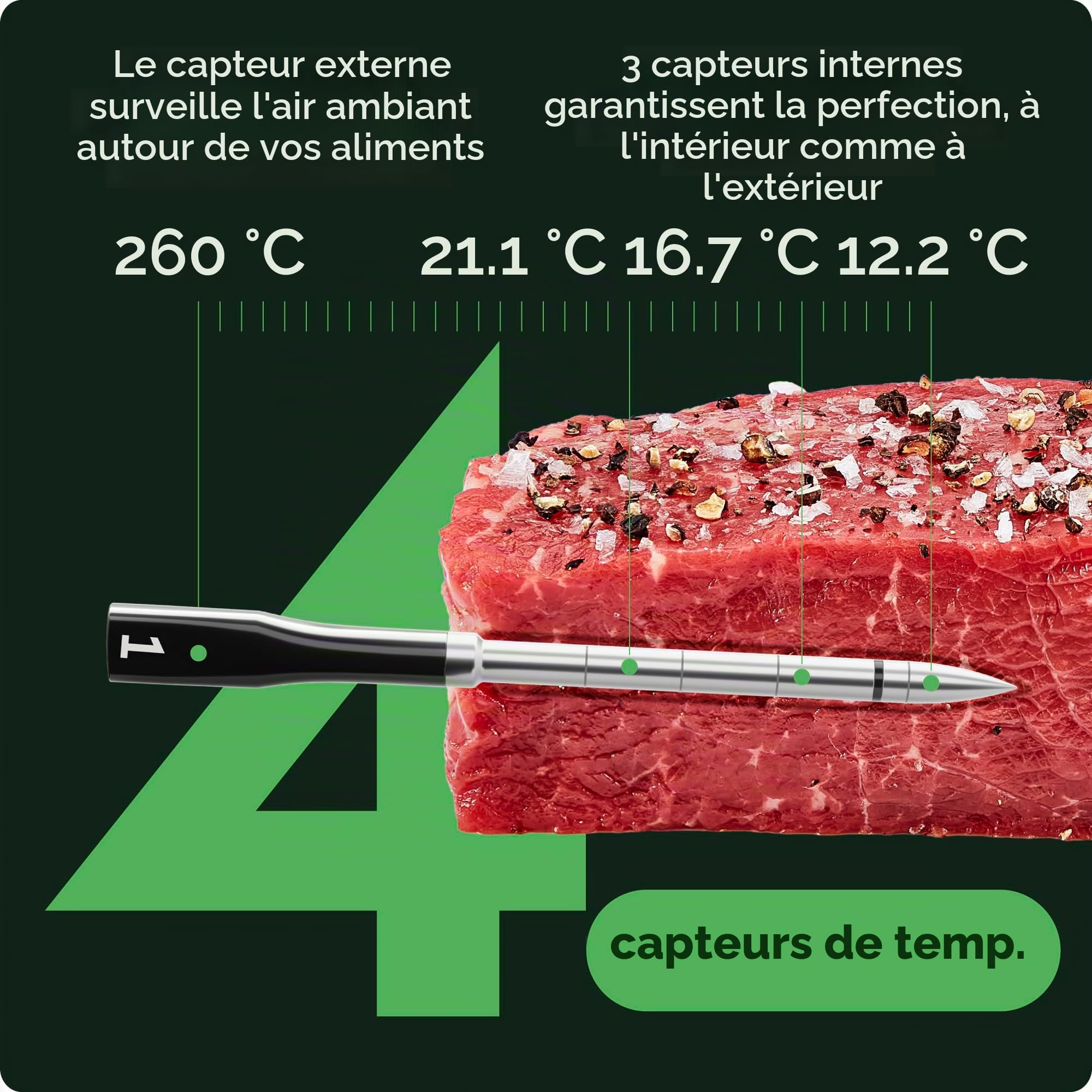 CHEF iQ Sense Thermomètre à viande sans fil intelligent avec sonde ultra-fine, Bluetooth à portée illimitée, thermomètre à viande numérique pour la surveillance à distance du barbecue, four, fumoir,