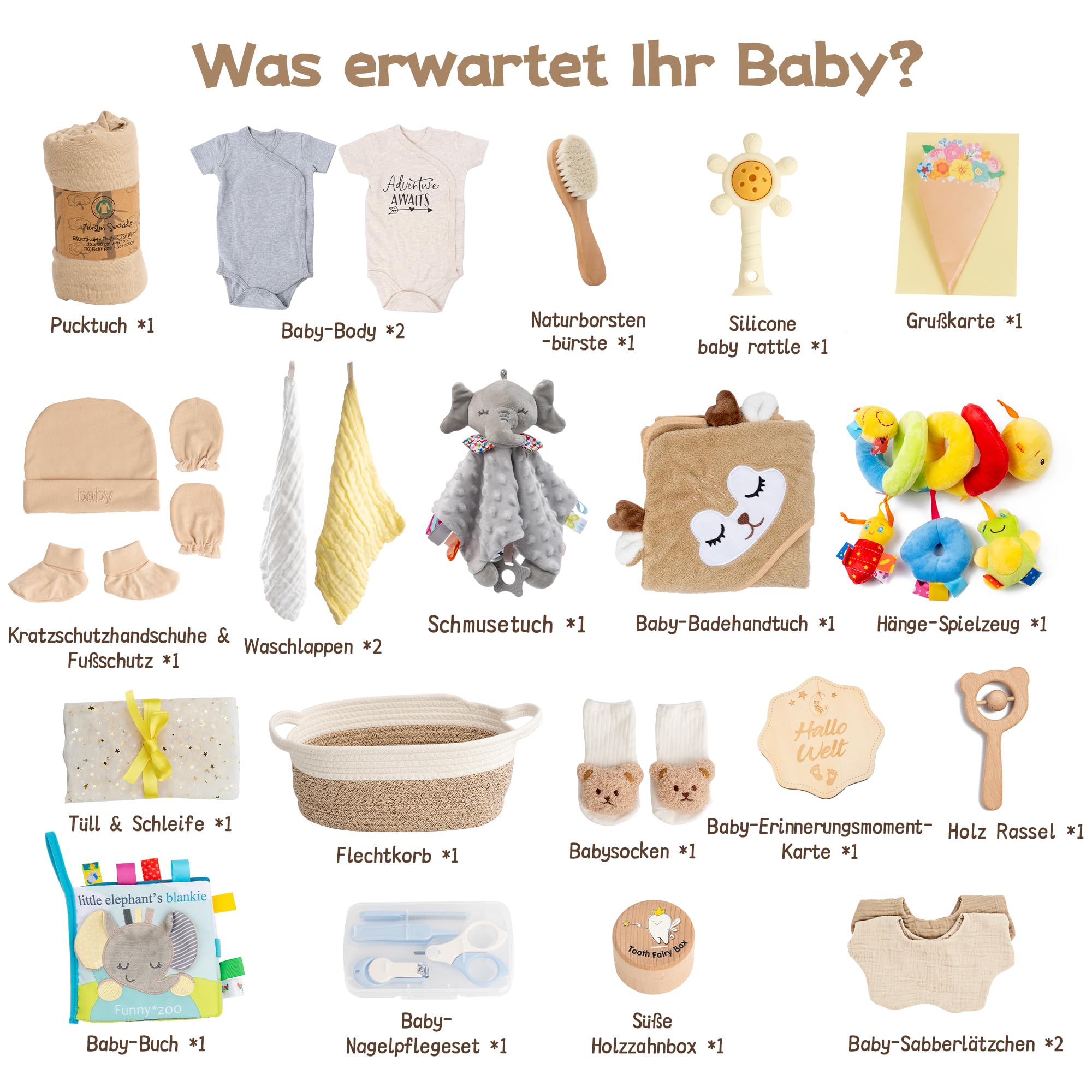 Neugeborenen Geschenk 24-teiliges，Baby zubehör, Strampler, Schnuffeltuch, Rassel & Karte，Geschenk zur Geburt für Babys (Khaki)