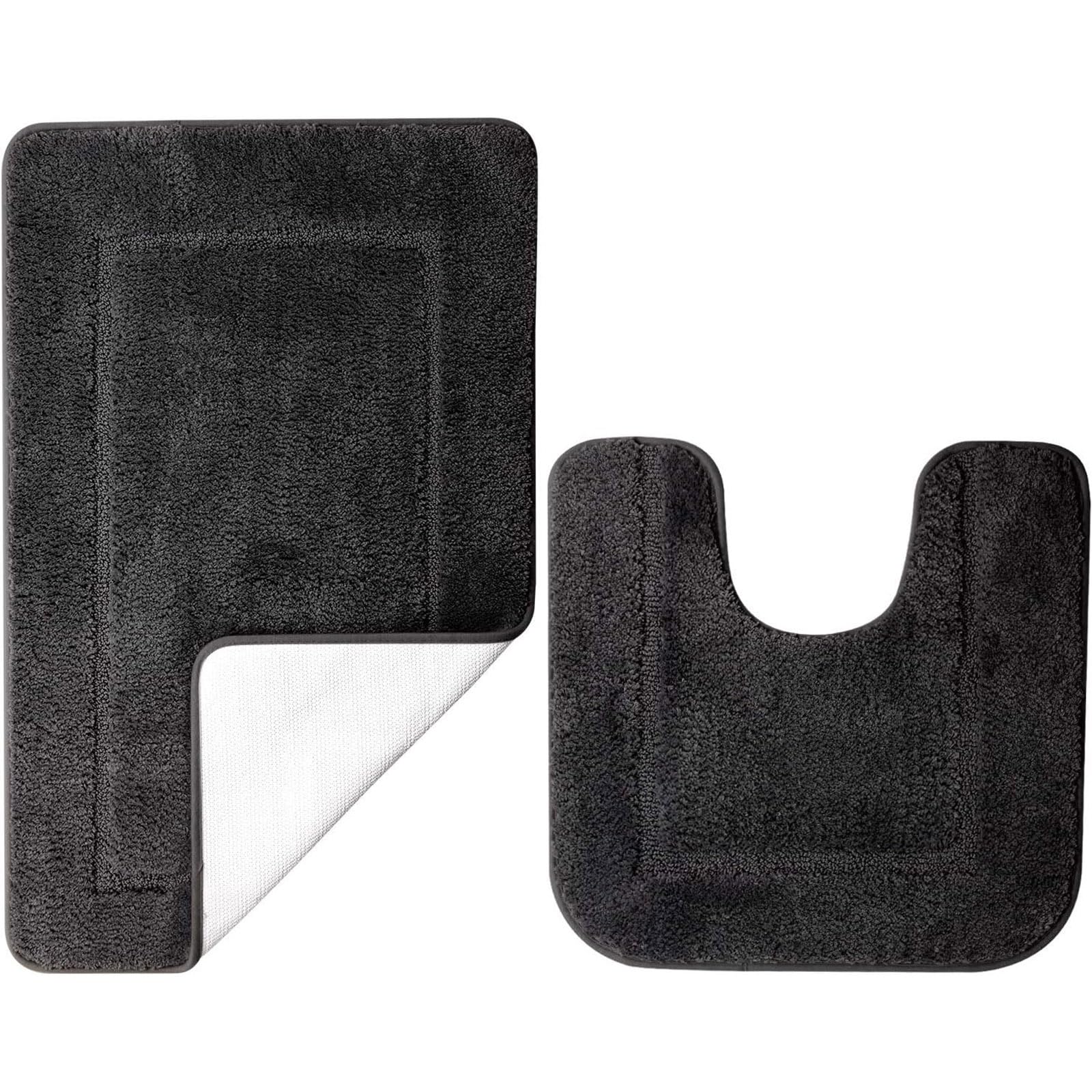 SOANNY Black Bath Mat Set of 2, High Density Soft Microfiber Non-Slip Bathroom Mats with Water Absorbent, 53x86 cm Bathtub Rug & 50x50 cm Toilet Pedestal Carpet, Shower Rugs Machine Washable