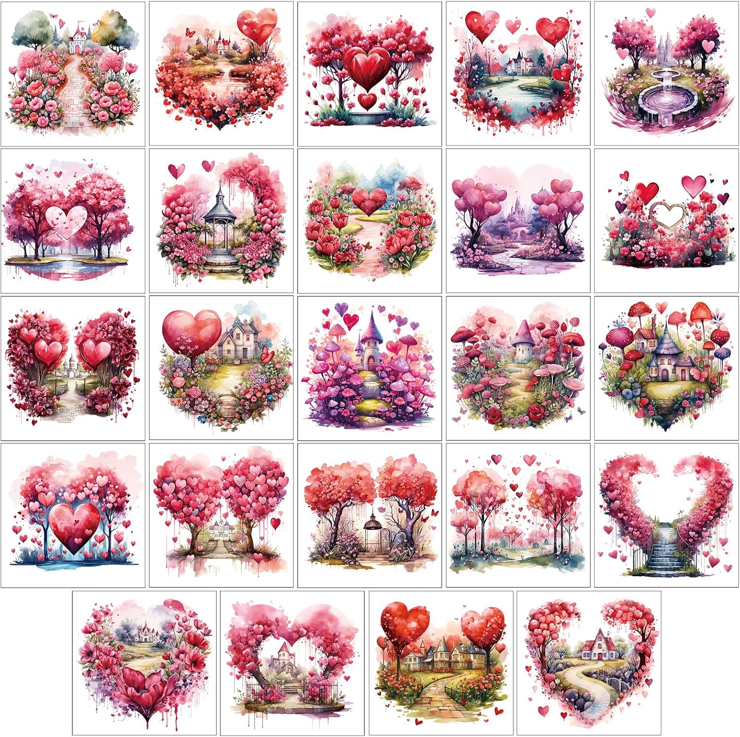 24 Pcs Valentine Rub on Transfers, Pink Heart Flower Garden Rub on Transfers for Crafts and Furniture, Valentines Dtf Transfers Ready to Press for Home Office Wood DIY Crafts Gift