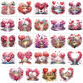 24 Pcs Valentine Rub on Transfers, Pink Heart Flower Garden Rub on Transfers for Crafts and Furniture, Valentines Dtf Transfers Ready to Press for Home Office Wood DIY Crafts Gift