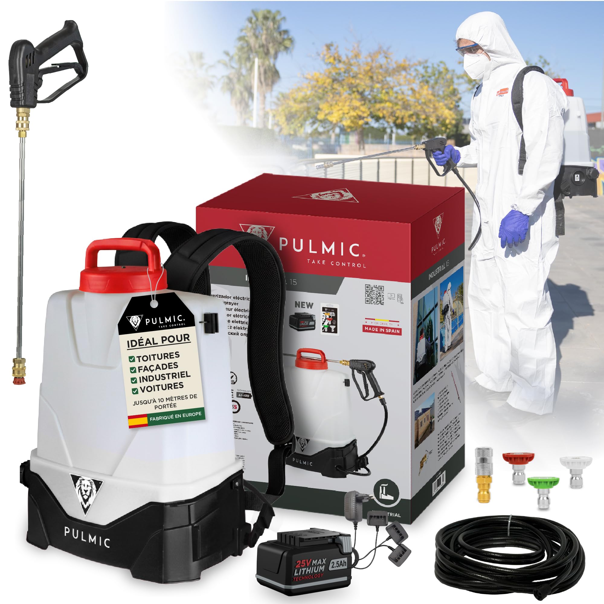 PULMIC Pegasus 15 Pulverizador Eléctrico Mochila 15 L, 7 Bar, Batería 18V, Lanza Acero INOX, Kit Boquillas Quick Connect, Manguera 10 m, Pulverización Profesional