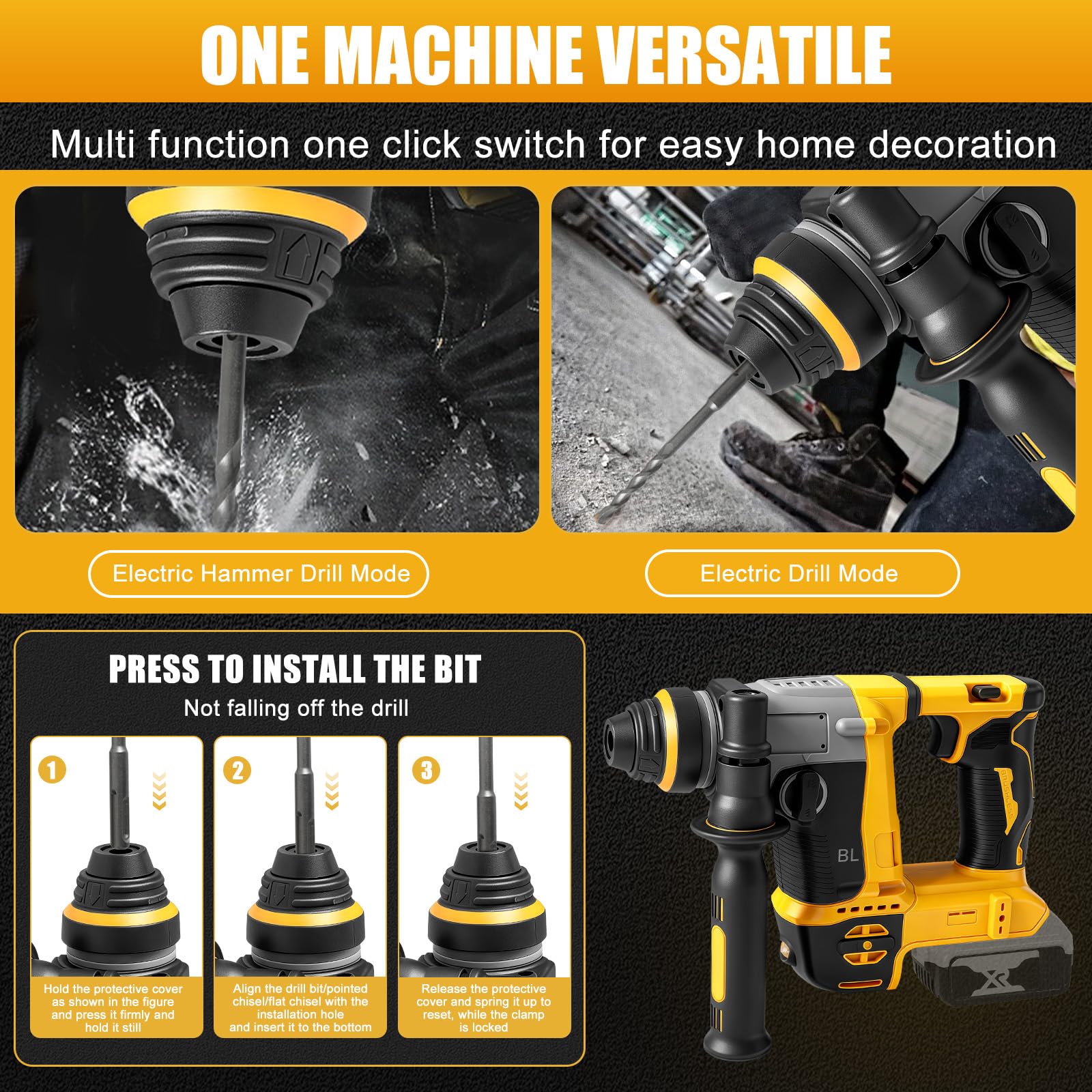 Roadtime 2 en 1 Martillo combinado y taladros para DeWalt 20V(sin batería) | 1250W Velocidad del Hammer de corte 3500 rpm,Hammer combinado con 3x broca SDS PLUS,Energía de golpe 3 J,con 4 funciones
