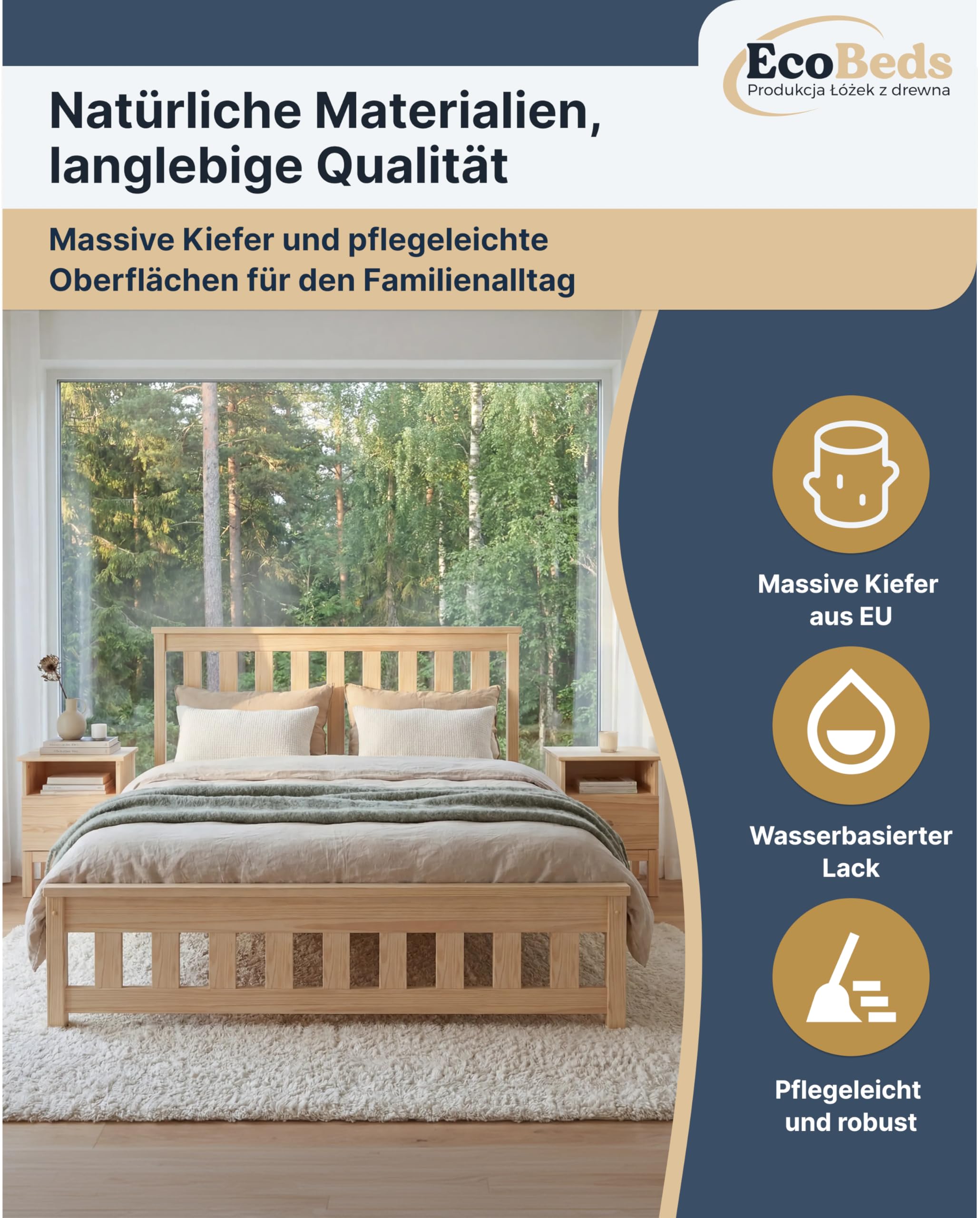 EcoBeds ADA Holzbett 140x200 cm Kiefer Massivholz bis 200 kg | Grau - Doppelbett, Bettgestell mit Lattenrost und Stauraum, für Erwachsene, robust, einfache Montage
