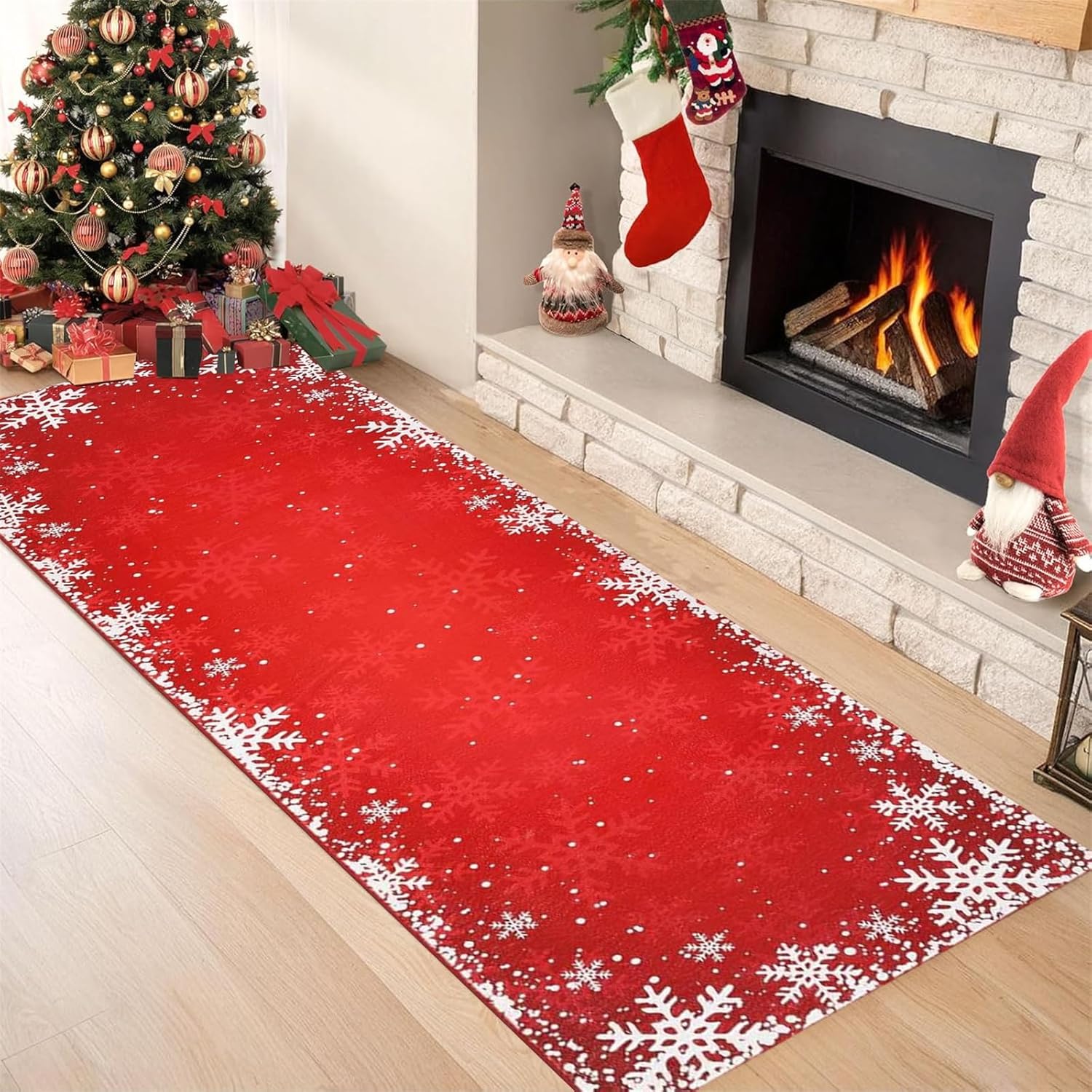 Christmas Rug Runner - 2x6 Red Hallway Rug- for Hallways, Kitchen, Bathroom - Non Slip, Washable - Winter Snowflake Pattern Carpet for Entryway, Bedside - Holiday Decor