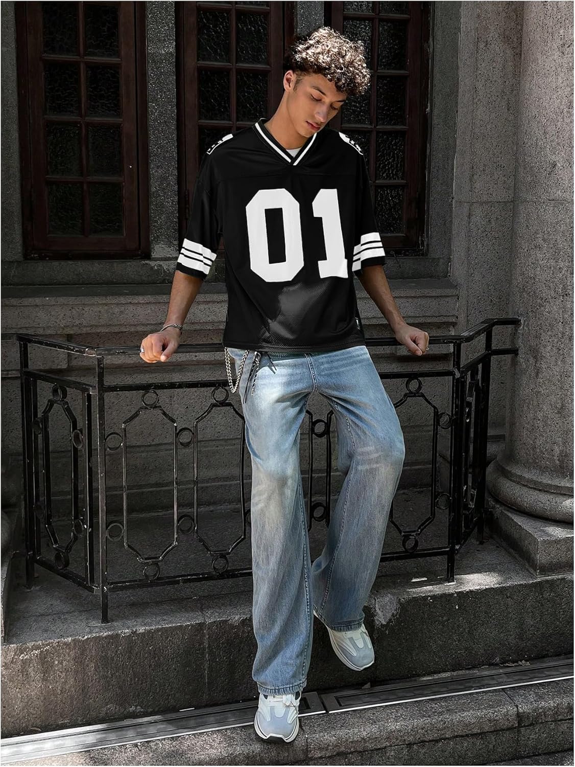 OYOANGLE Men's Number Graphic Print Jersey Shirts Color Block V Neck Short Sleeve Oversized Tee Shirt - Image 4