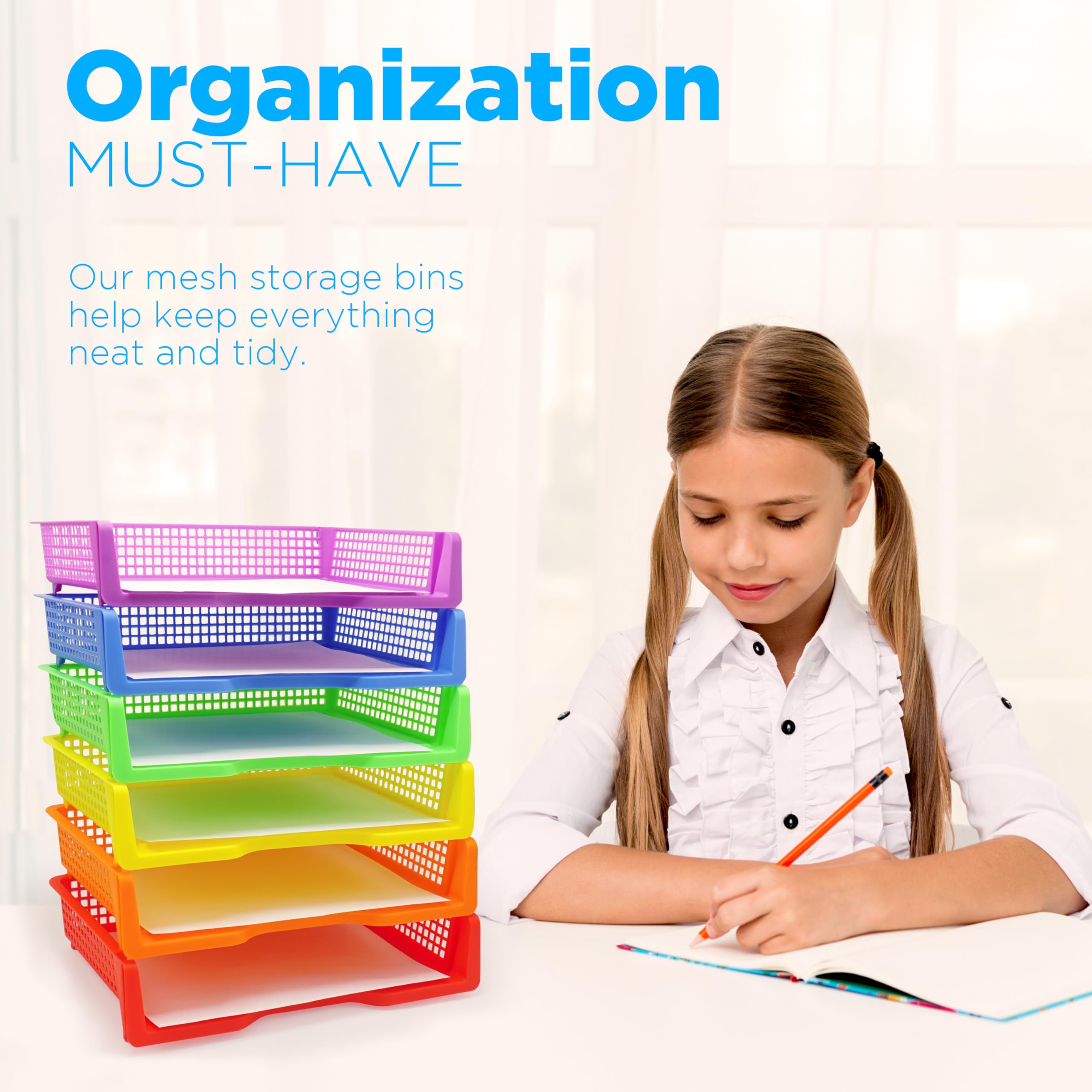 4E's Novelty 6 vassoi colorati in plastica per insegnanti, vassoi durevoli da girare, organizer per carta in classe, cestini impilabili per scrivania da ufficio, forniture per organizzazione in