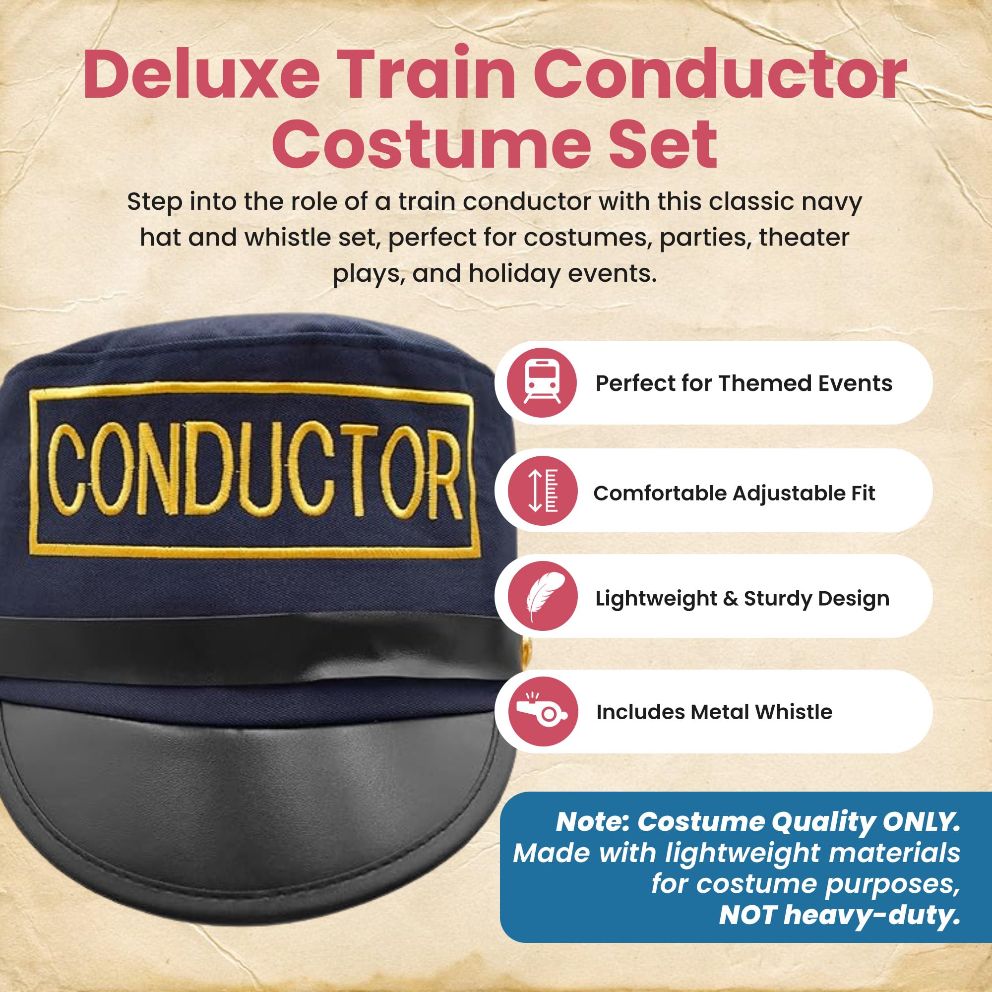 Nicky Bigs Novelties Adult Deluxe Navy Train Conductor Hat and Train Whisle - Locomotive Engineer Hat - Conductor Costume Accessory Costume Cosplay - Navy Blue Gold, One Size