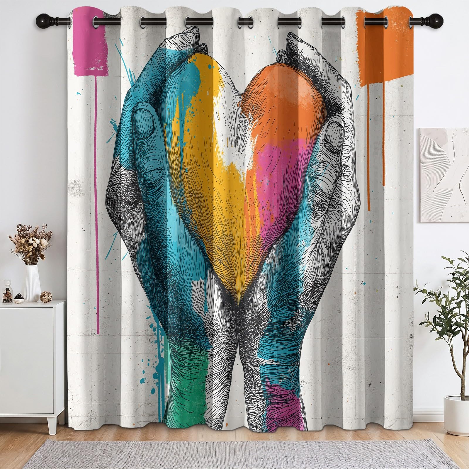 Rideau Isolant Graffiti Amour Forme De Cœur Rideau Occultant Thermiques Anti Froid et Chaleur, Économie d'Énergie, Idéal pour Chambre et Salon 110 x 215 cm, Beige, 2 Pièces