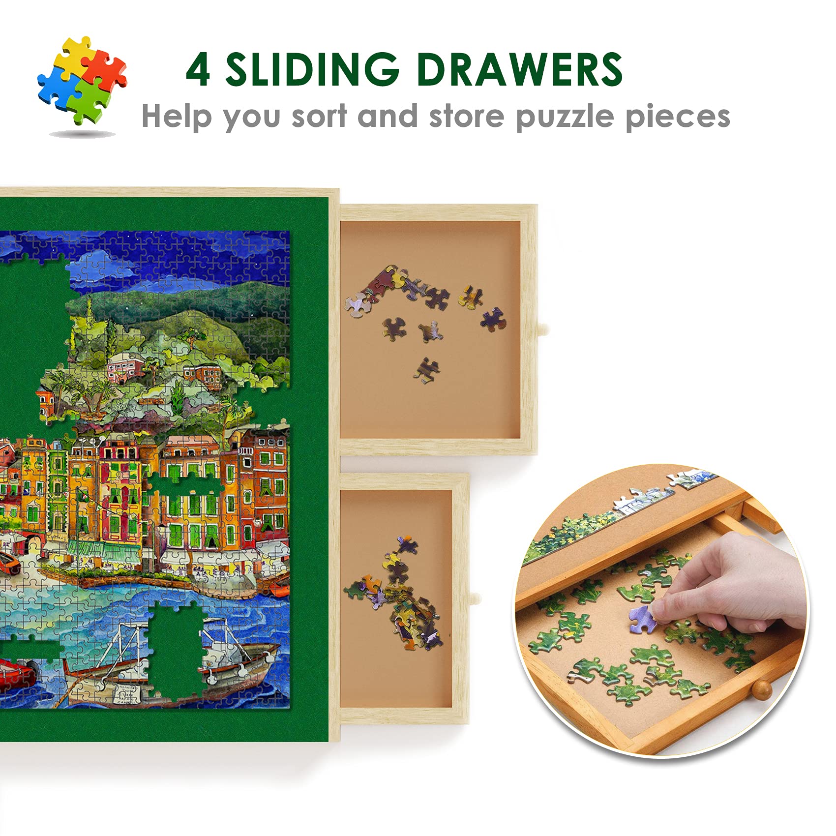 Premium - Tavola puzzle con feltro antiscivolo per 1500 puzzle in legno con cassetti
