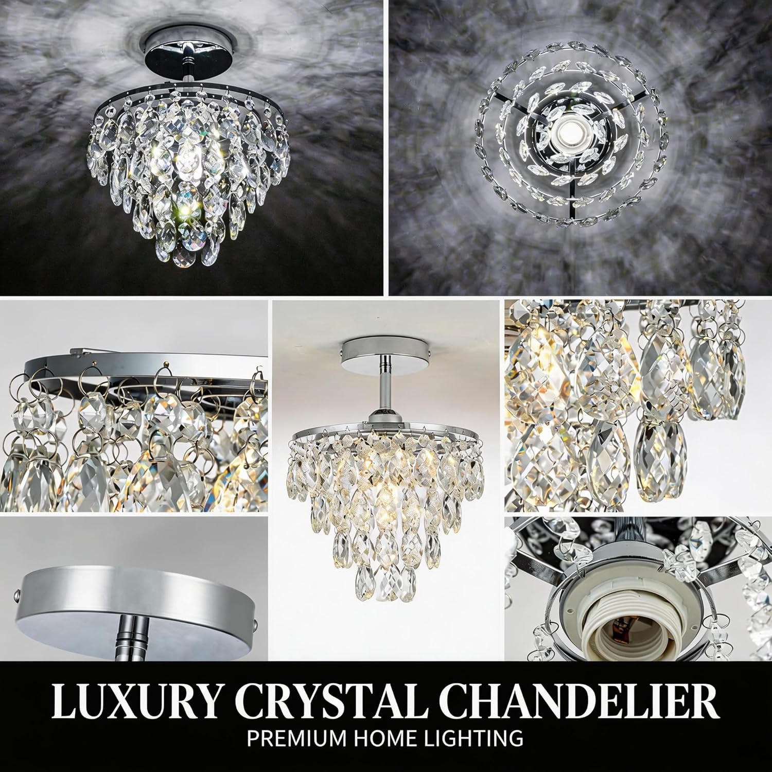 Mini Crystal Chandelier Small Modern Crystal Flush Mount Ceiling Light for Hallway Closet, E26 Base, K9 Crystal (Chrome-Ceiling)
