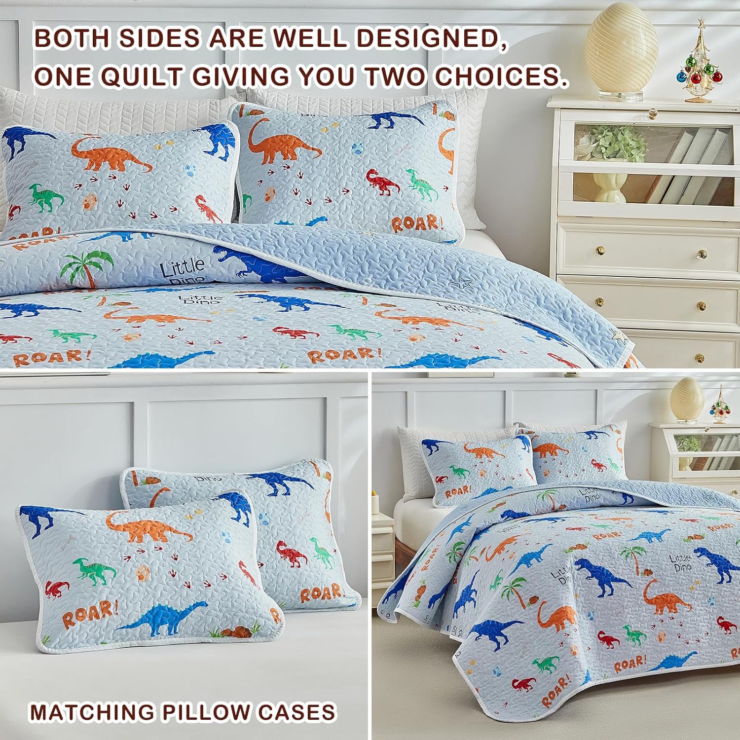 Joyreap 2 Pieces Twin Size Cotton Quilt Set, Dinosaur Light Blue Design, Cozy Lightweight Bedding Set Quilt Bedspread Bed Cover for for Kids Boys n Girls- 68x86 inches