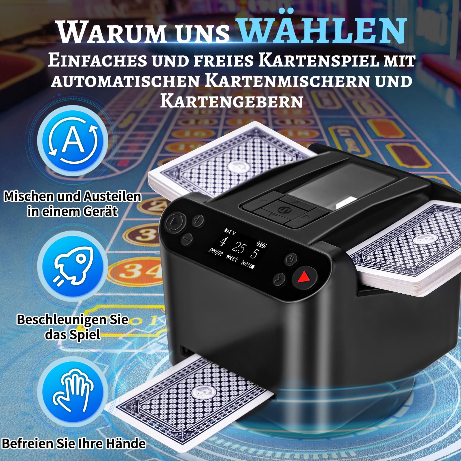 Kartenmischmaschine Elektrische, 2 in 1 Automatische Kartenmischer und Kartensender, um 360° Drehbarer Kartengeber mit 4 Kabellosen Kartengebertasten,Kartenmischgerät für UNO Kartenspiel,Poker,Skip bo
