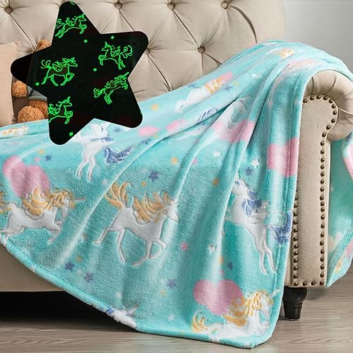 Manta que brilla en la oscuridad, regalos de unicornio para niños, niñas y adolescentes, suave y acogedora manta rosa, manta para niños pequeños