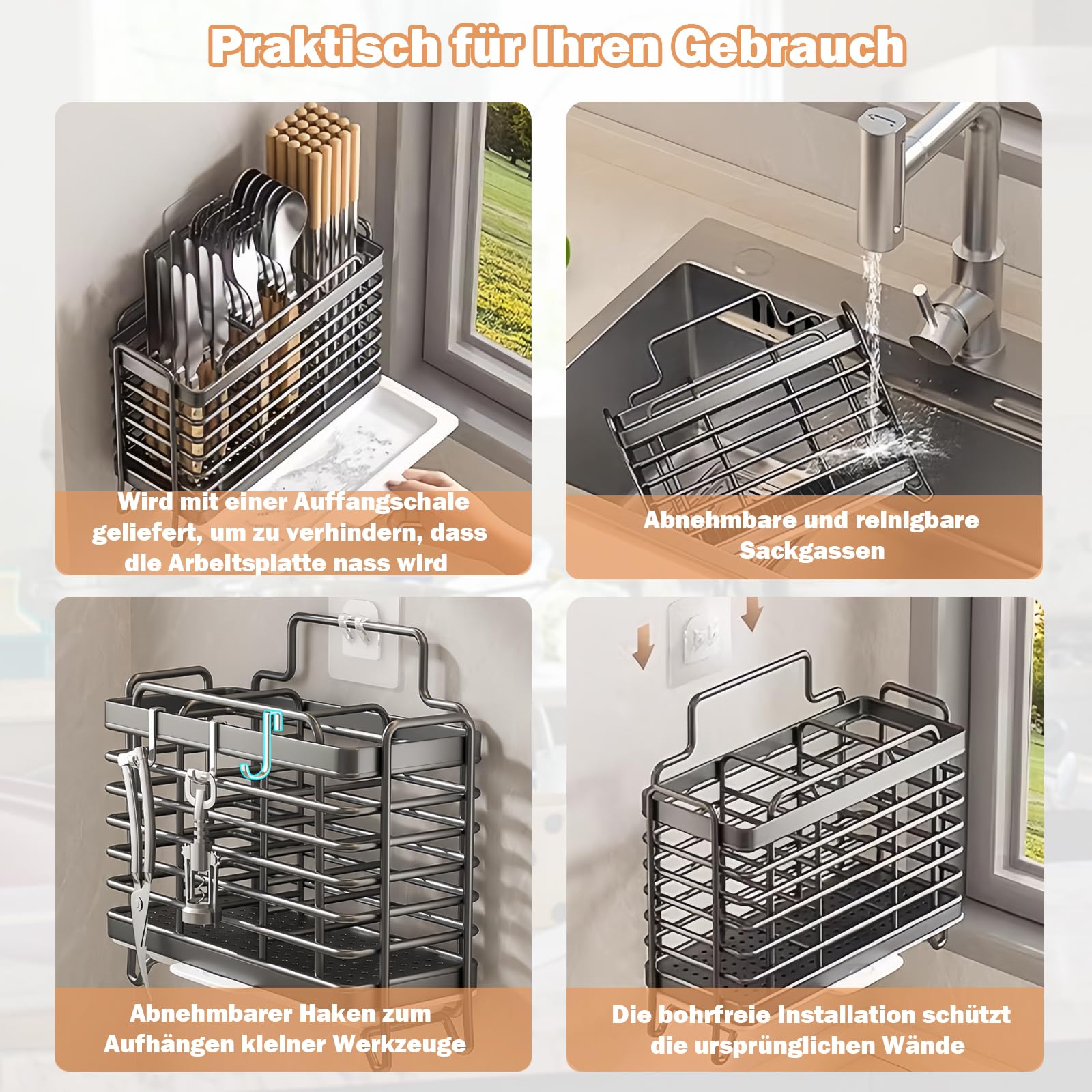 Porta posate, contenitore per utensili da cucina, porta posate a parete, adesivo senza tracce in acciaio al carbonio, contenitore per posate e utensili da cucina (nero)