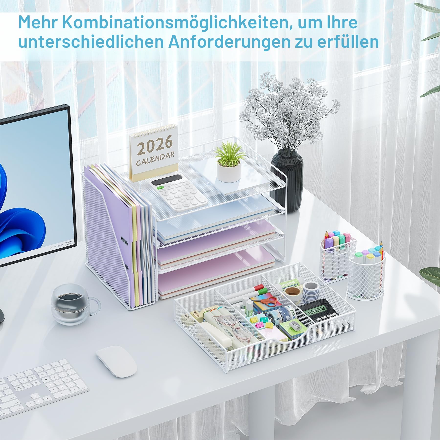 gianotter Briefablage aus Papier mit Aktenhalter, 4-stöckig, Schreibtischzubehör und Arbeitsplatz-Organizer mit Schublade und 2 Stifthaltern, Schreibtisch-Organizer und Zubehör für Bürobedarf (Weiß)