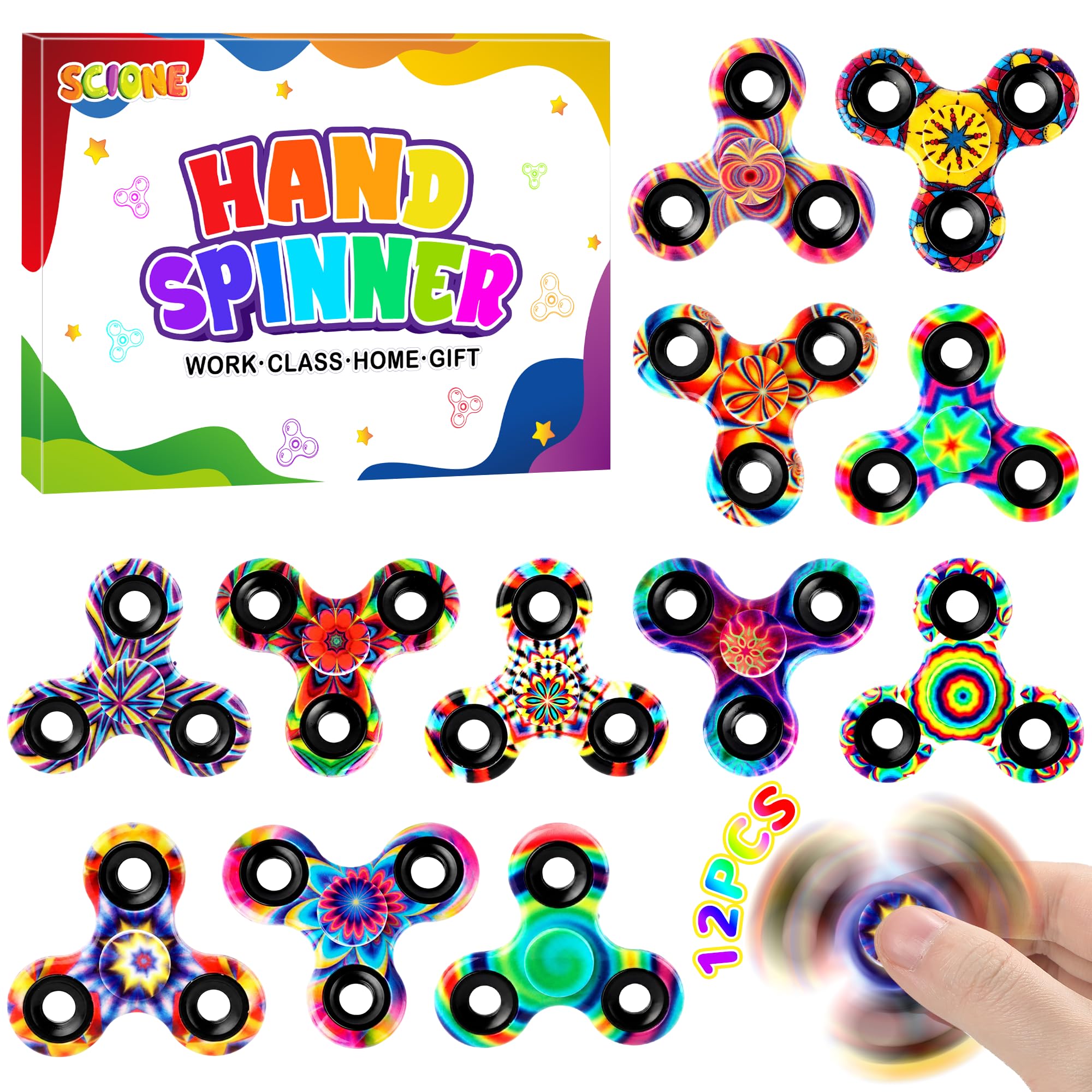 SCIONE 12 Pack Fidget Spinners, Bulk Party Bag Fillers for Kids, High Speed Finger Spinner Sensory Toys for Focus & Calm, High Speed Fidget Toys, Small Gifts for Boys Girls Age 3-12 (2.48 Inch/6.3 cm)