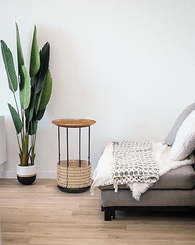 Miniatura 2 de Mesa auxiliar redonda pequeña, mesa auxiliar con tapa de madera con cesta de ratán de almacenamiento, hecha a mano por artesanos, moderna mesa