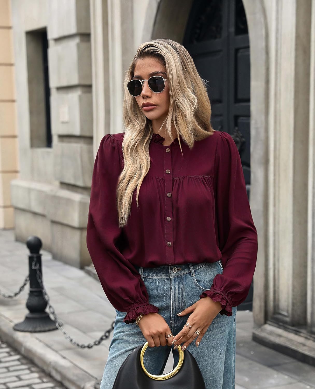Button Down Shirts for Women Dressy Casual Blouses Long Puff Sleeve Shirts Elegant Pleated Tunic Tops Business Casual Tops Fall Solid Retro Blouses, Wine Red, XXL - Image 6