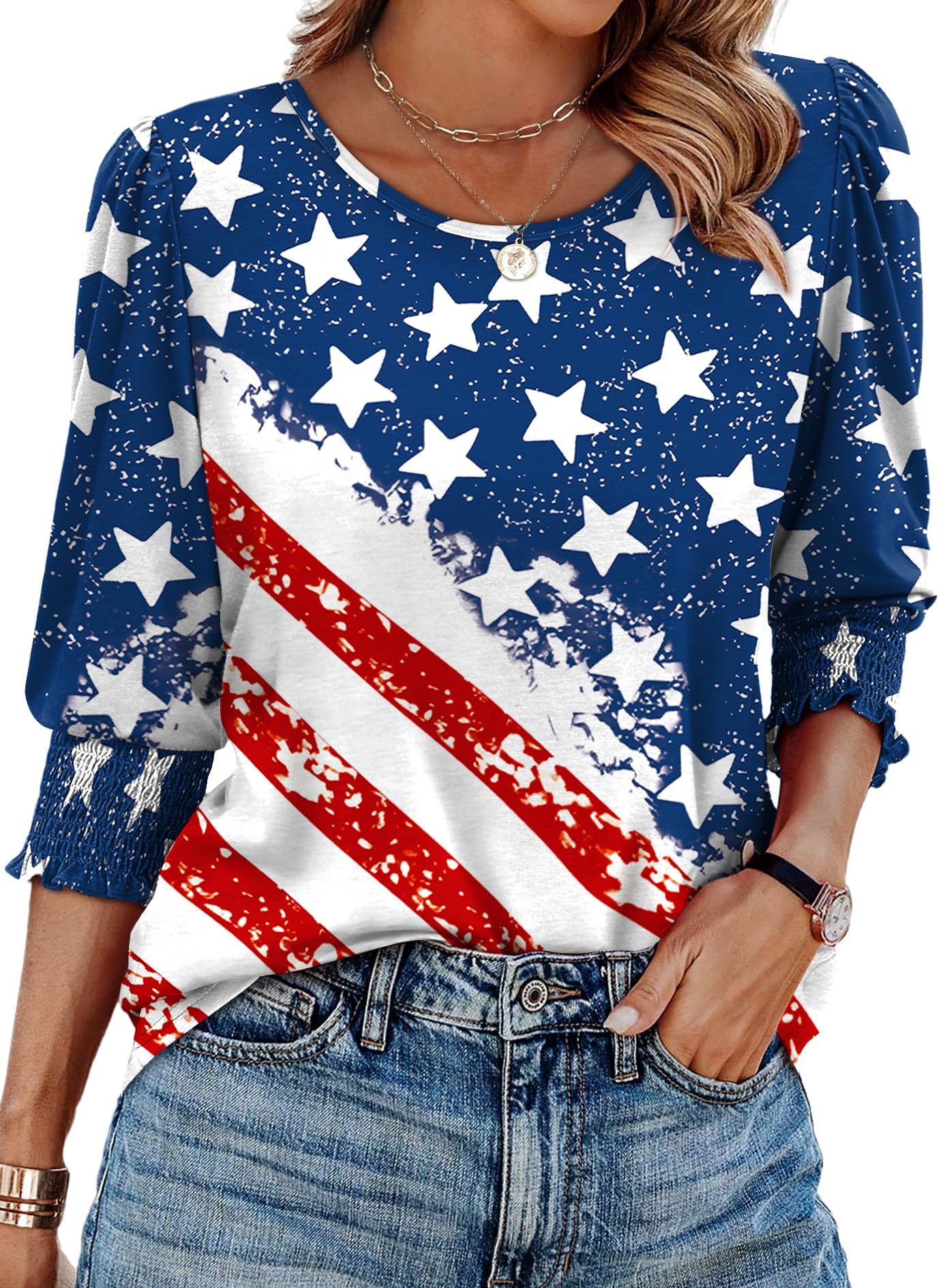 XIEERDUO Blouses for Women Dressy Casual 3/4 Length Sleeve Womens Tops with Smocked Cuffs