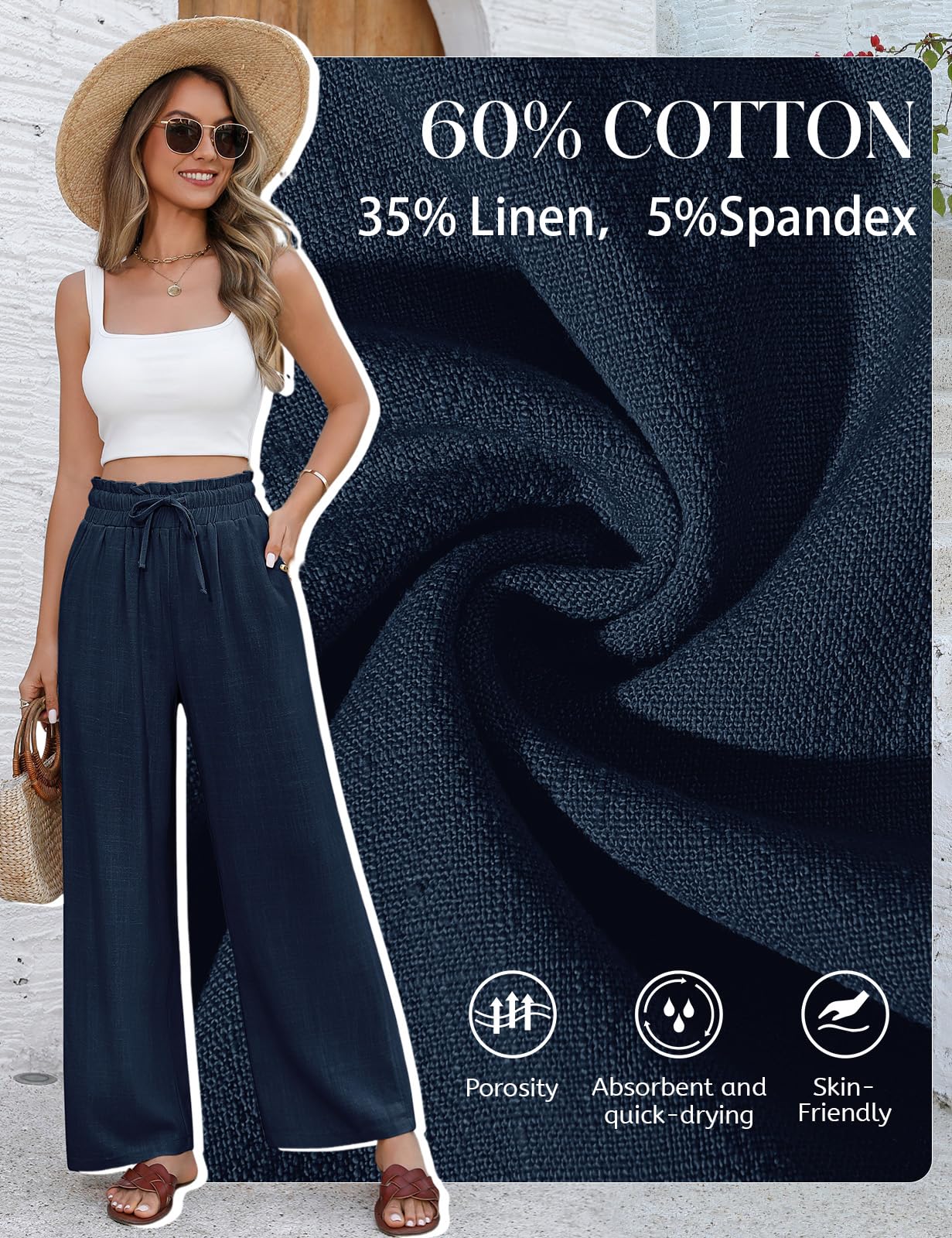 Pantalones Mujer Verano Lino Algodón Cintura Alta Elástica Anchos Casual