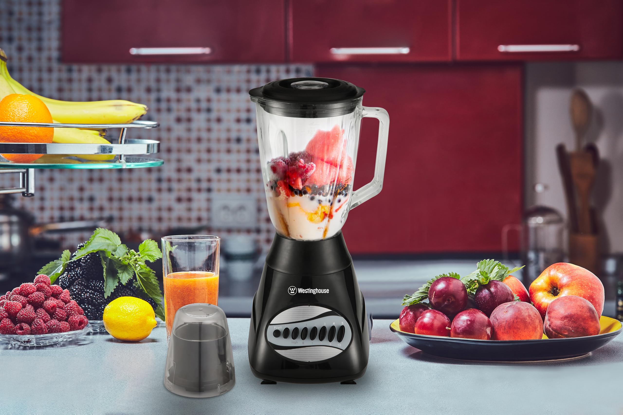 Westinghouse 220 Volts Blender WKBEPNG83-1.5L -10 Speed - Pulse Rotation - 500W -Stainless Steel Blade -Glass Jar-Mini Grinder Bundle With Dynastar 220-240 Volts (Not For USE IN USA)