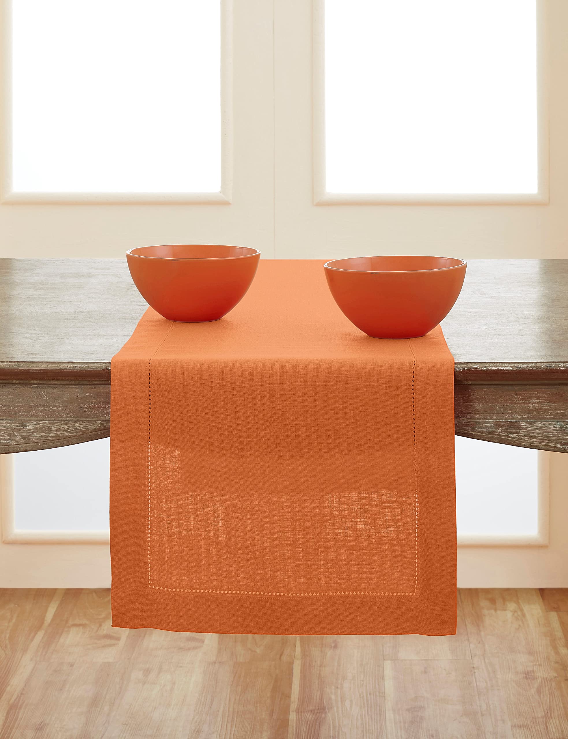 Solino Home Pumpkin Linen Table Runner 72 Inches Long - 100% Pure Linen Classic Hemstitch Table Runner 14 x 72 Inch for Wedding, Parties