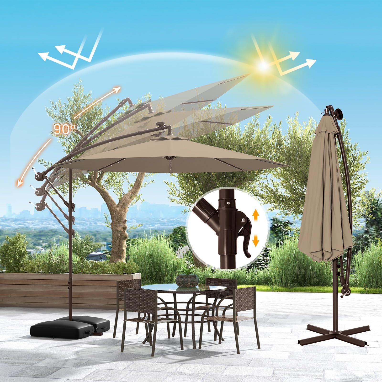 GOPLUS Parasol de Jardin Extérieur avec Pied, 3M Grand Parasol Déporté Inclinable, avec 8 Baleines 32 Lampes Solaires, pour Terrasse Plage Cour (Café)