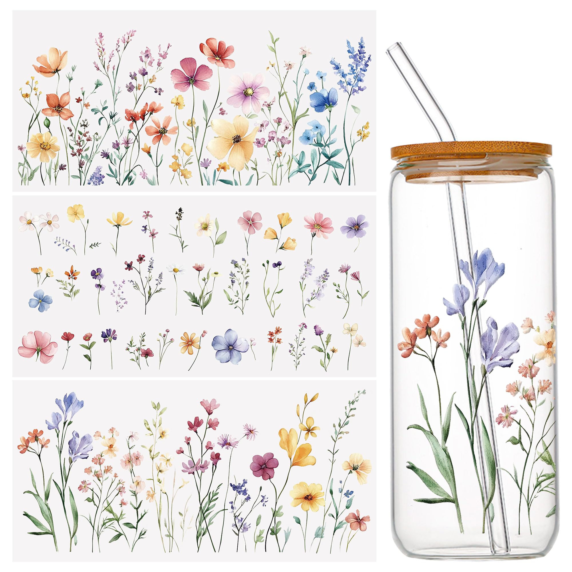 WANDIC 3 Sheets UV DTF Wraps Stickers,Wildflowers Cup Decals Furniture Stickers Waterproof Transfers Window Decals for Glass and DIY Crafts โ image 1