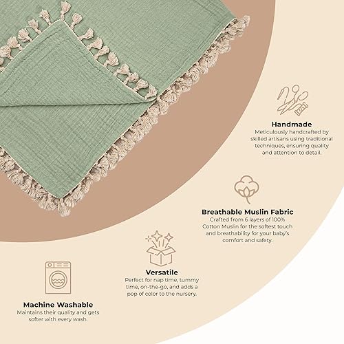 Vista 2 de Crane Baby Manta Envolvente de Muselina, Manta de Algodón Suave y Ligera para Guardería y Cochecito para Bebés Niños y Niñas, Verde Perenne, 30" x