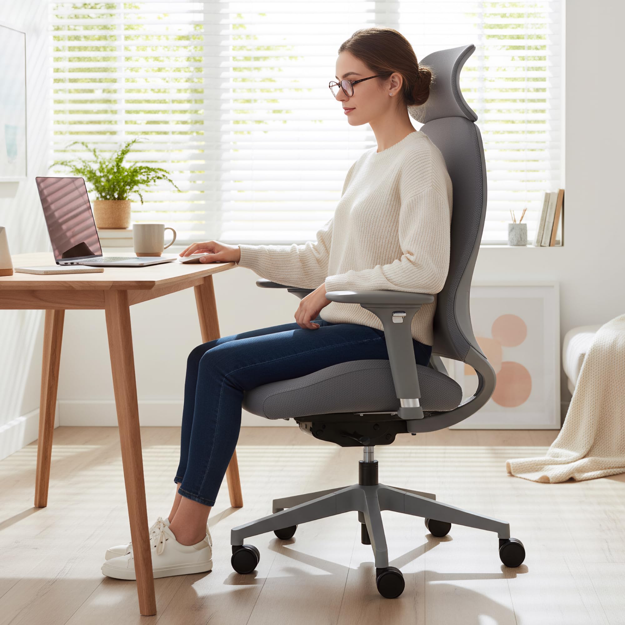 Ergonomic Mesh Office Chair with S-Shaped Backrest 4D Adjustable Armrests Sliding Seat Depth Fixed Headrest Dual-Layer Mesh 130